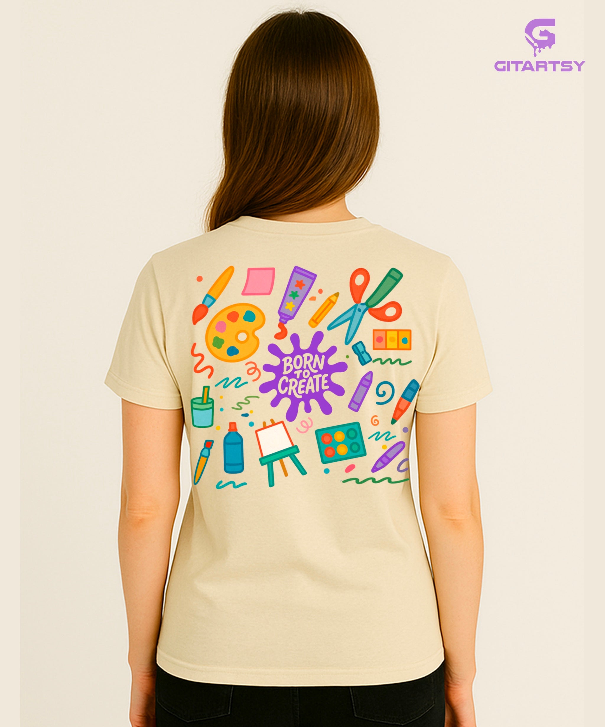 Born to Create Artist T-Shirt – Unisex Tee with Colourful Art Supply Illustrations – Perfect for Artists, Painters & Creative Souls beige
