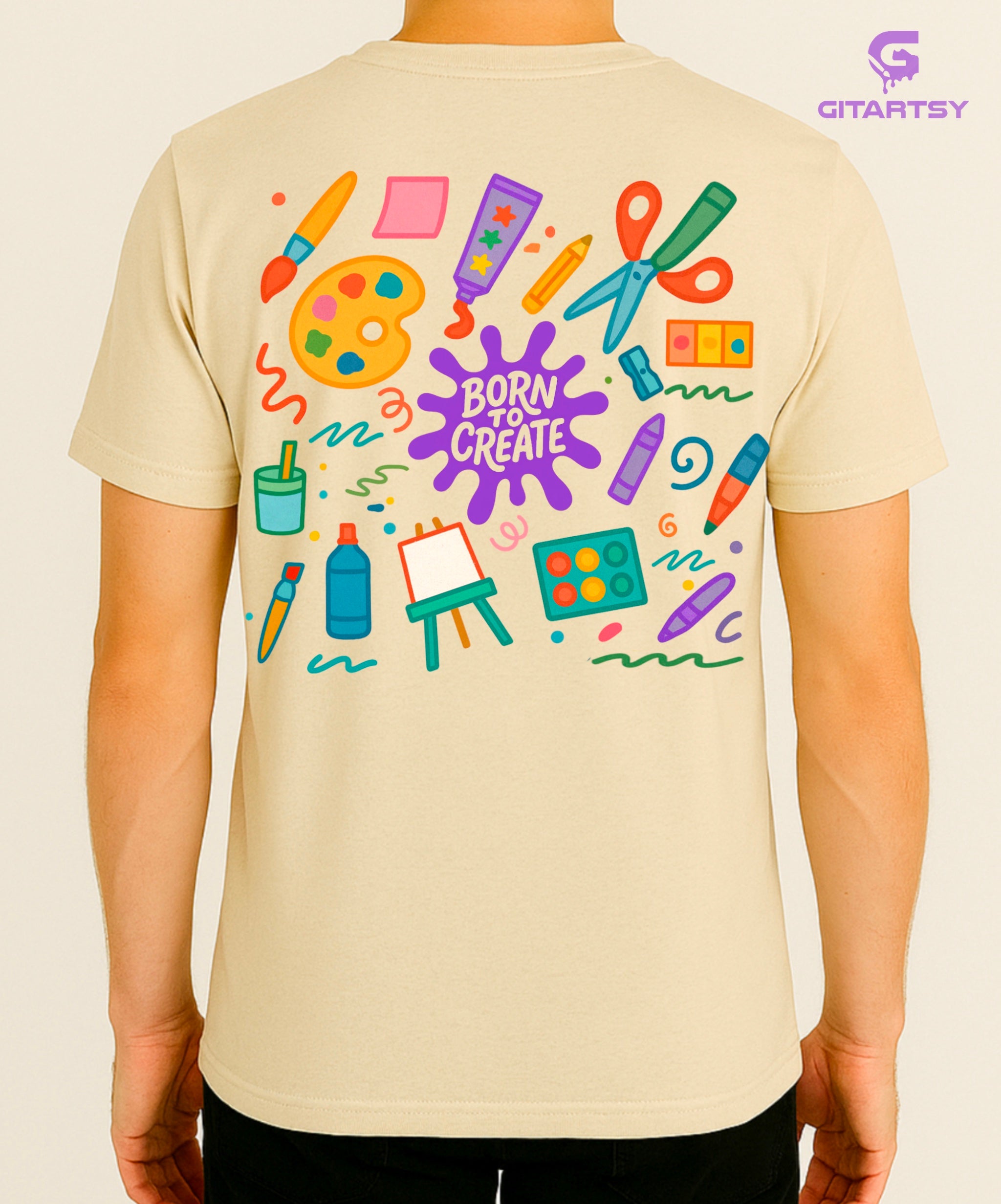 Born to Create Artist T-Shirt – Unisex Tee with Colourful Art Supply Illustrations – Perfect for Artists, Painters & Creative Souls beige mens