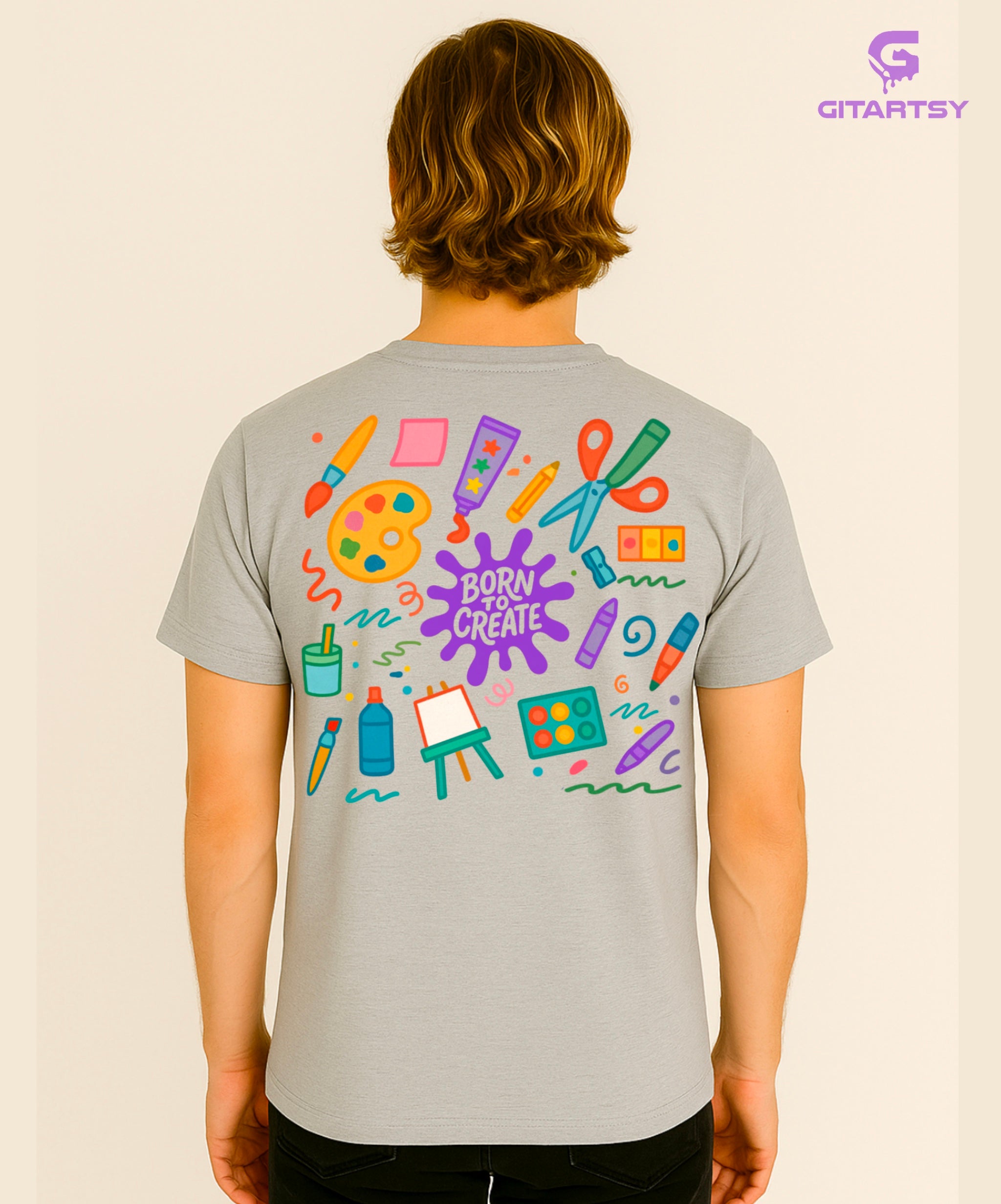 Born to Create Artist T-Shirt – Unisex Tee with Colourful Art Supply Illustrations – Perfect for Artists, Painters & Creative Souls gray mens