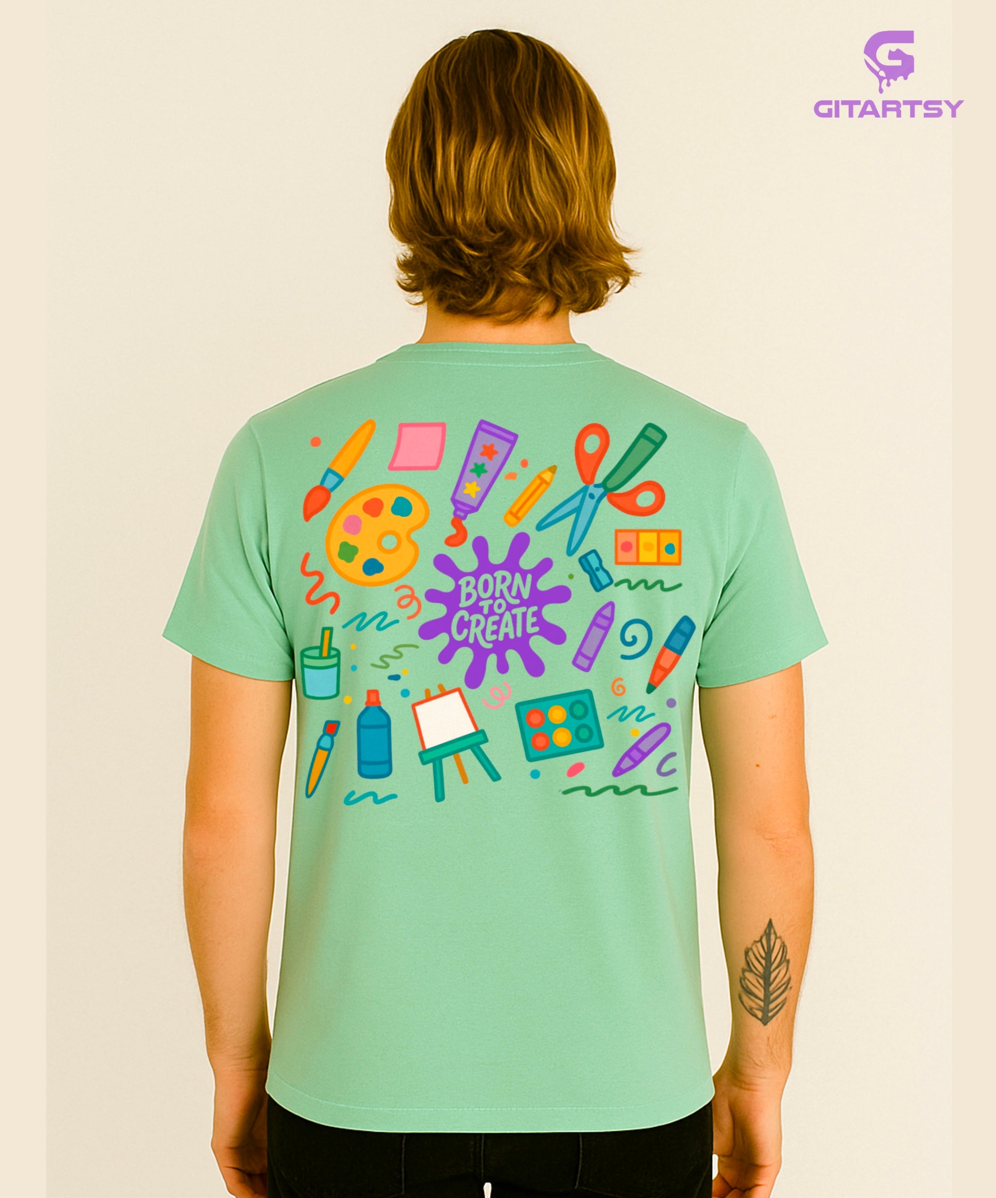Born to Create Artist T-Shirt – Unisex Tee with Colourful Art Supply Illustrations – Perfect for Artists, Painters & Creative Souls green
