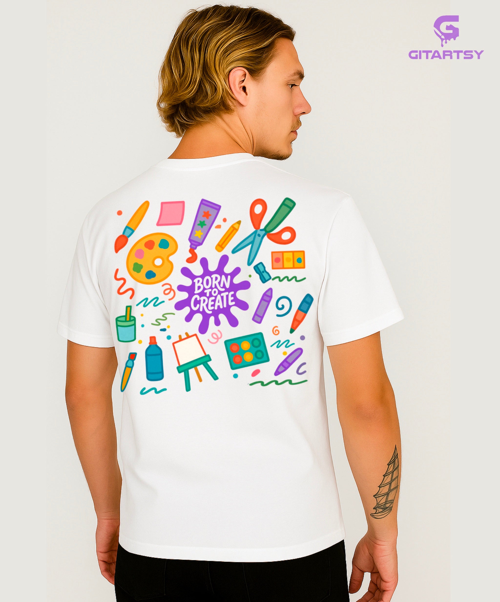 Born to Create Artist T-Shirt – Unisex Tee with Colourful Art Supply Illustrations – Perfect for Artists, Painters & Creative Souls white mens