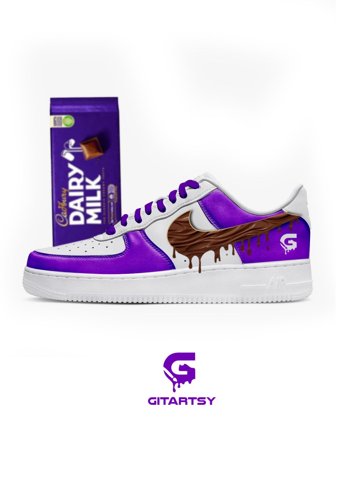 Cadbury Dairy Milk chocolate AF1 sneakers - hand painted custom sneakers for businesses and brands - unique branding shoes 