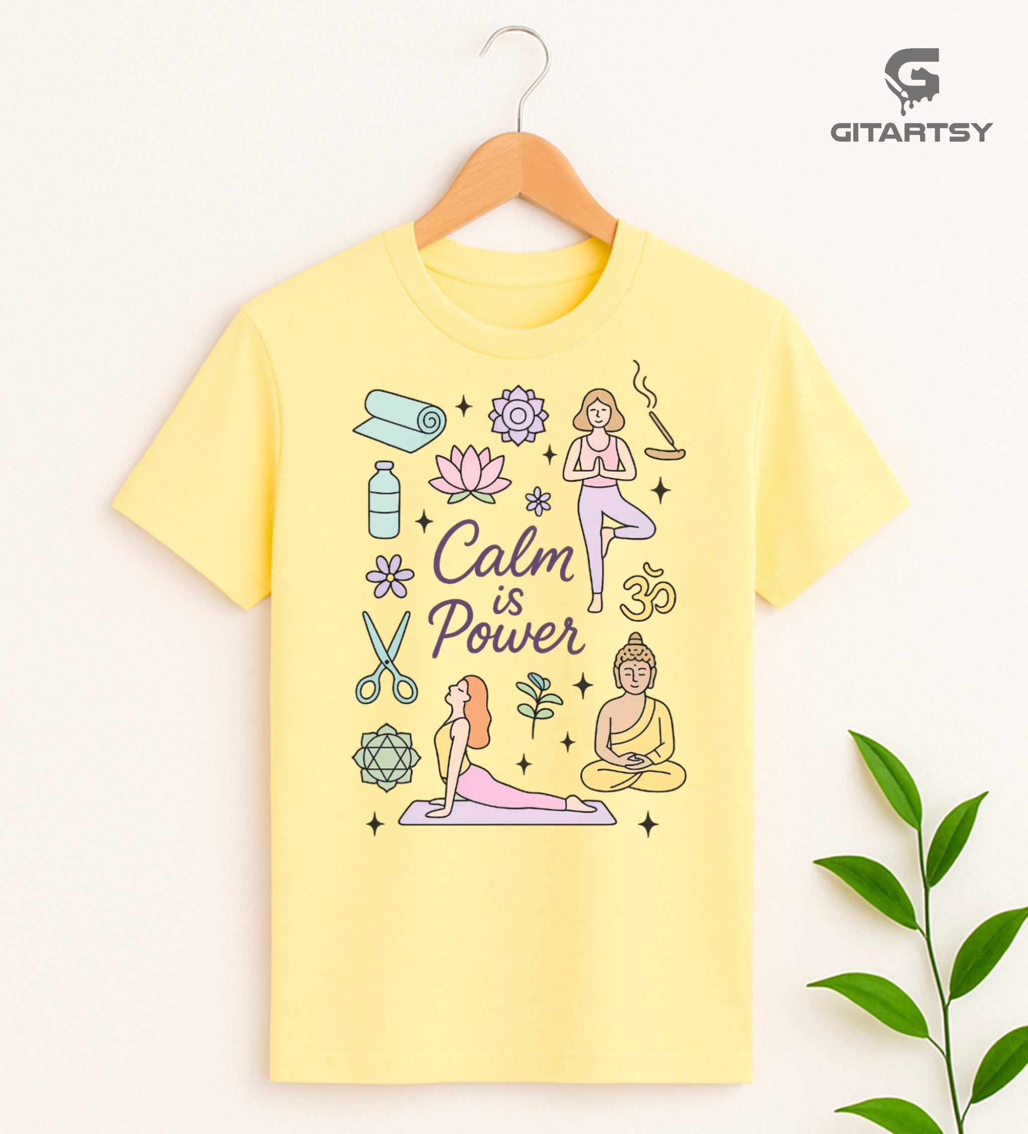 T-shirt with pastel yoga and meditation illustrations and the phrase “Calm is Power” – ideal for yoga teachers, spiritual healers, and mindful living.