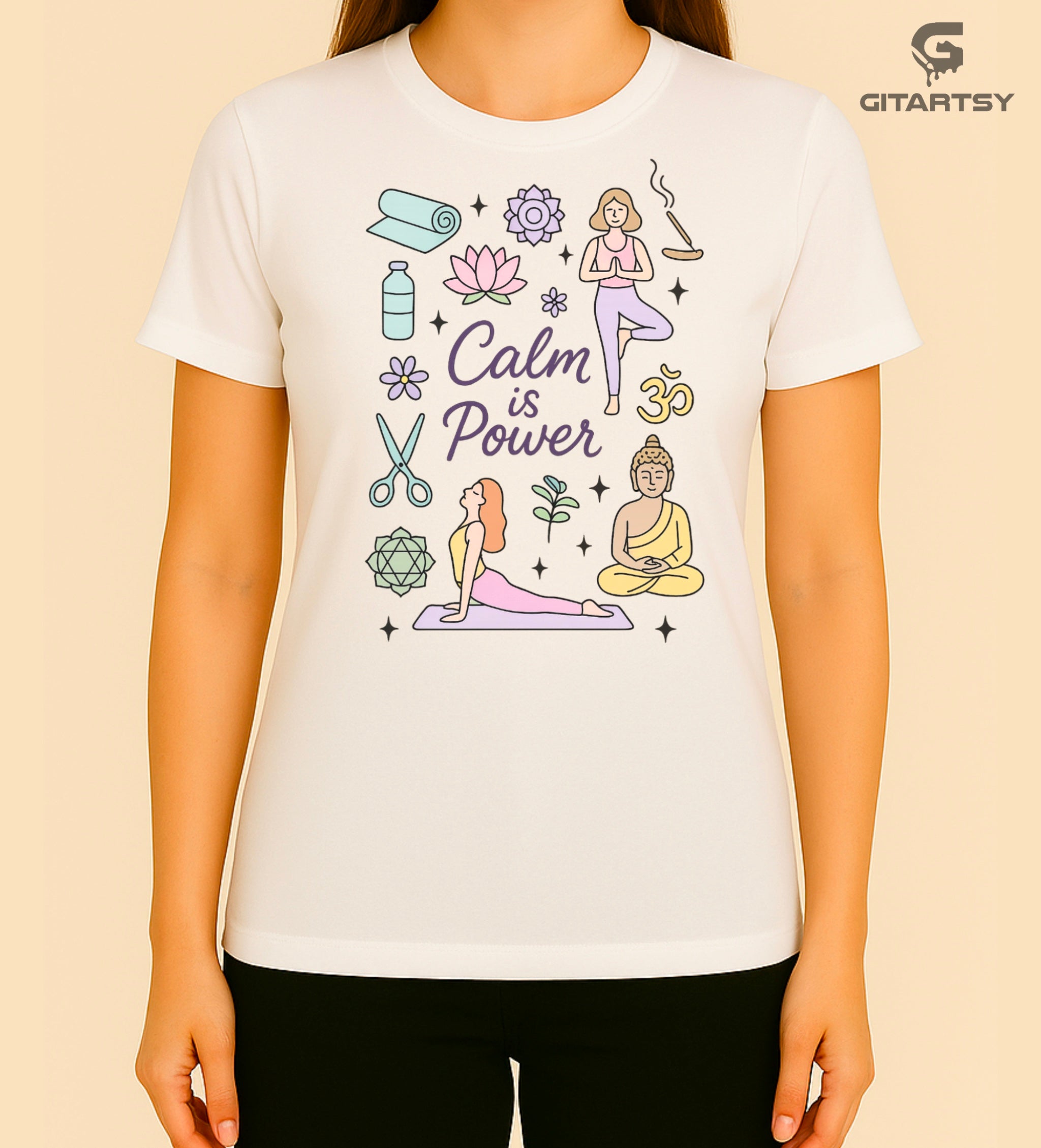 T-shirt with pastel yoga and meditation illustrations and the phrase “Calm is Power” – ideal for yoga teachers, spiritual healers, and mindful living.