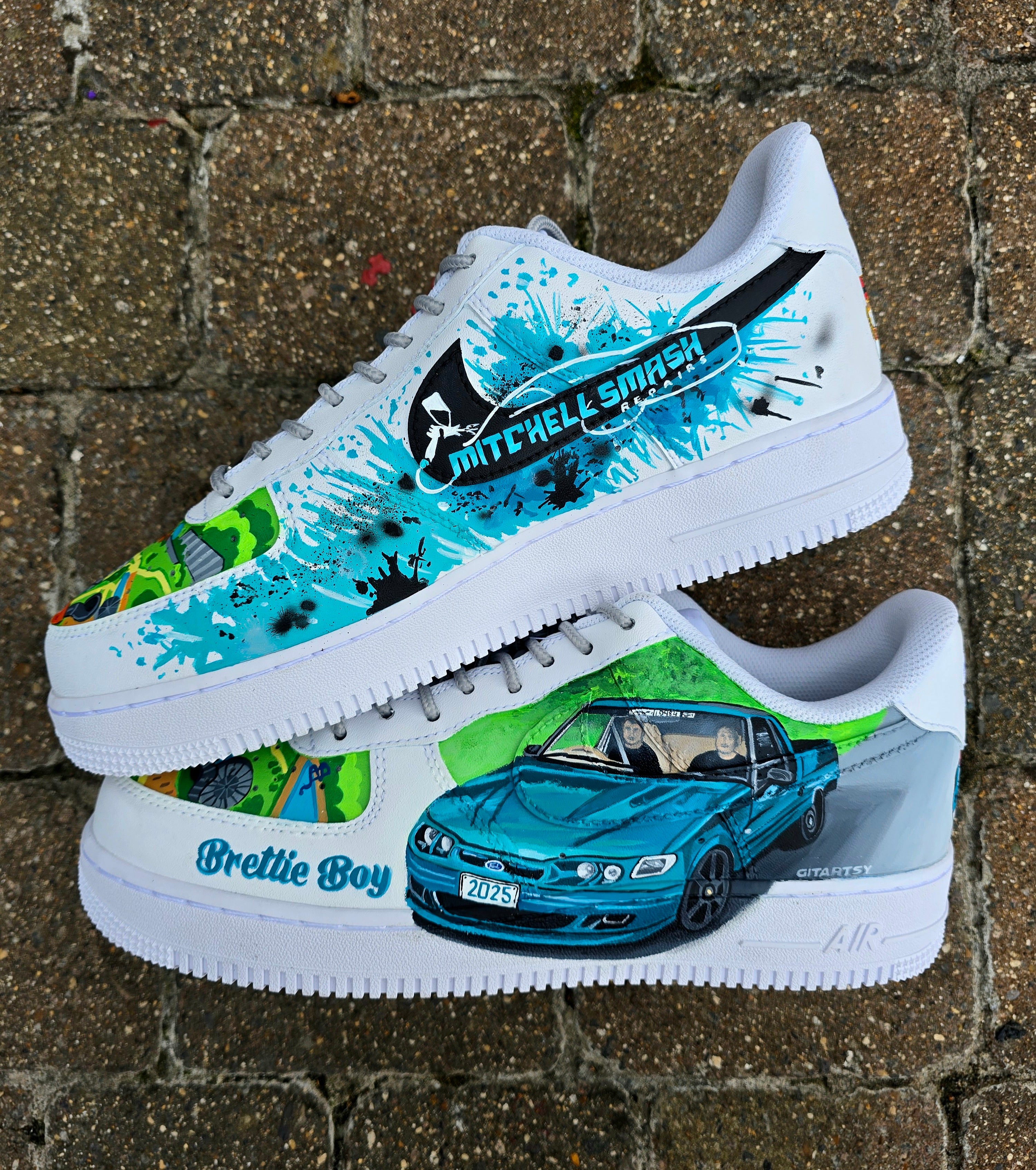 Custom hand-painted Nike Air Force 1 sneakers featuring a Lamborghini-inspired design 🏎️ and spray painter artwork 🎨. Created by Gitartsy using premium leather paints, sealed for durability, and fully customisable with personal details such as car models, colors, and text. Perfect for car enthusiasts 🚗, sneaker collectors 👟, and streetwear lovers seeking one-of-a-kind footwear.

