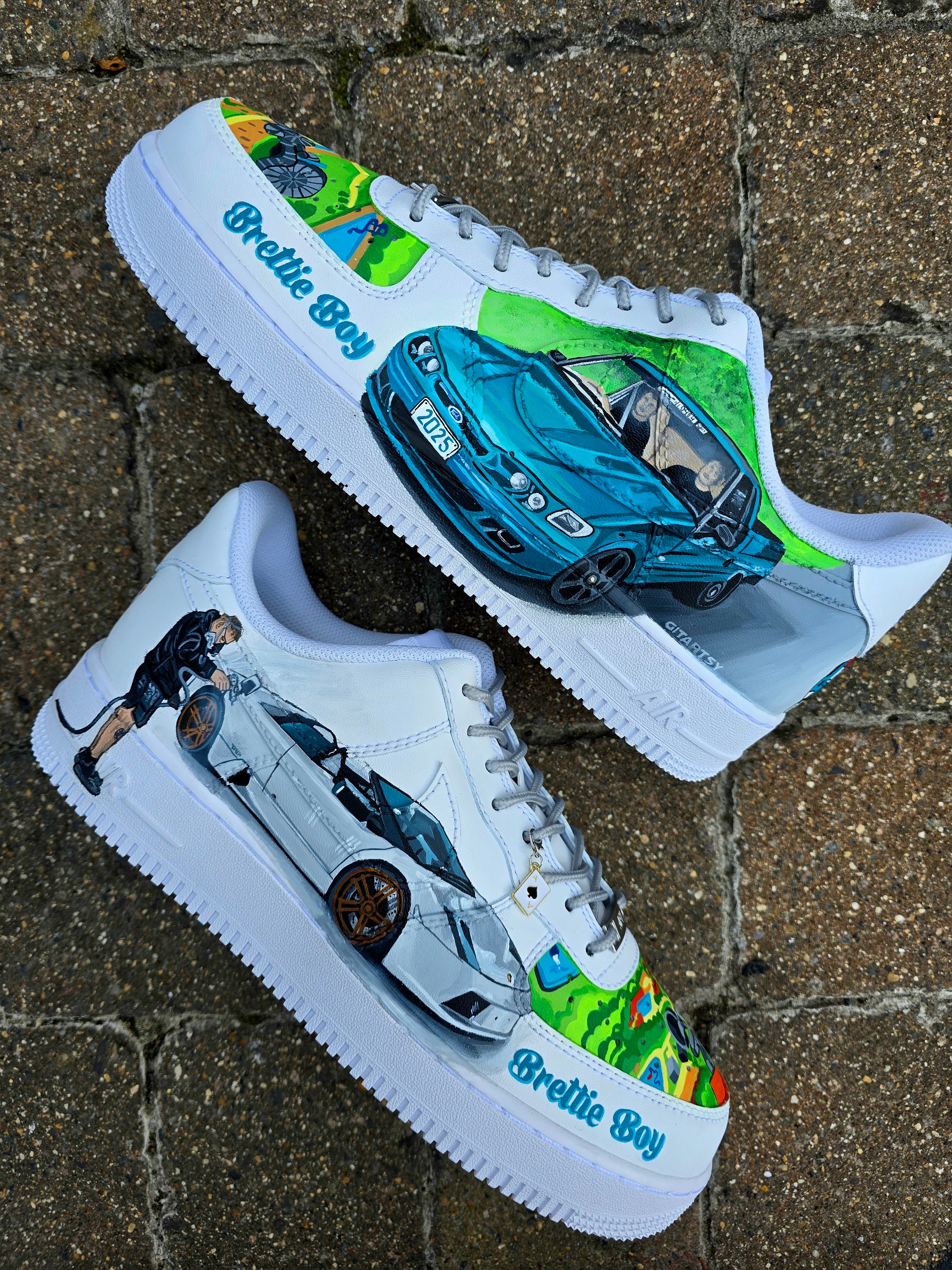 Custom hand-painted Nike Air Force 1 sneakers featuring a Lamborghini-inspired design 🏎️ and spray painter artwork 🎨. Created by Gitartsy using premium leather paints, sealed for durability, and fully customisable with personal details such as car models, colors, and text. Perfect for car enthusiasts 🚗, sneaker collectors 👟, and streetwear lovers seeking one-of-a-kind footwear.

