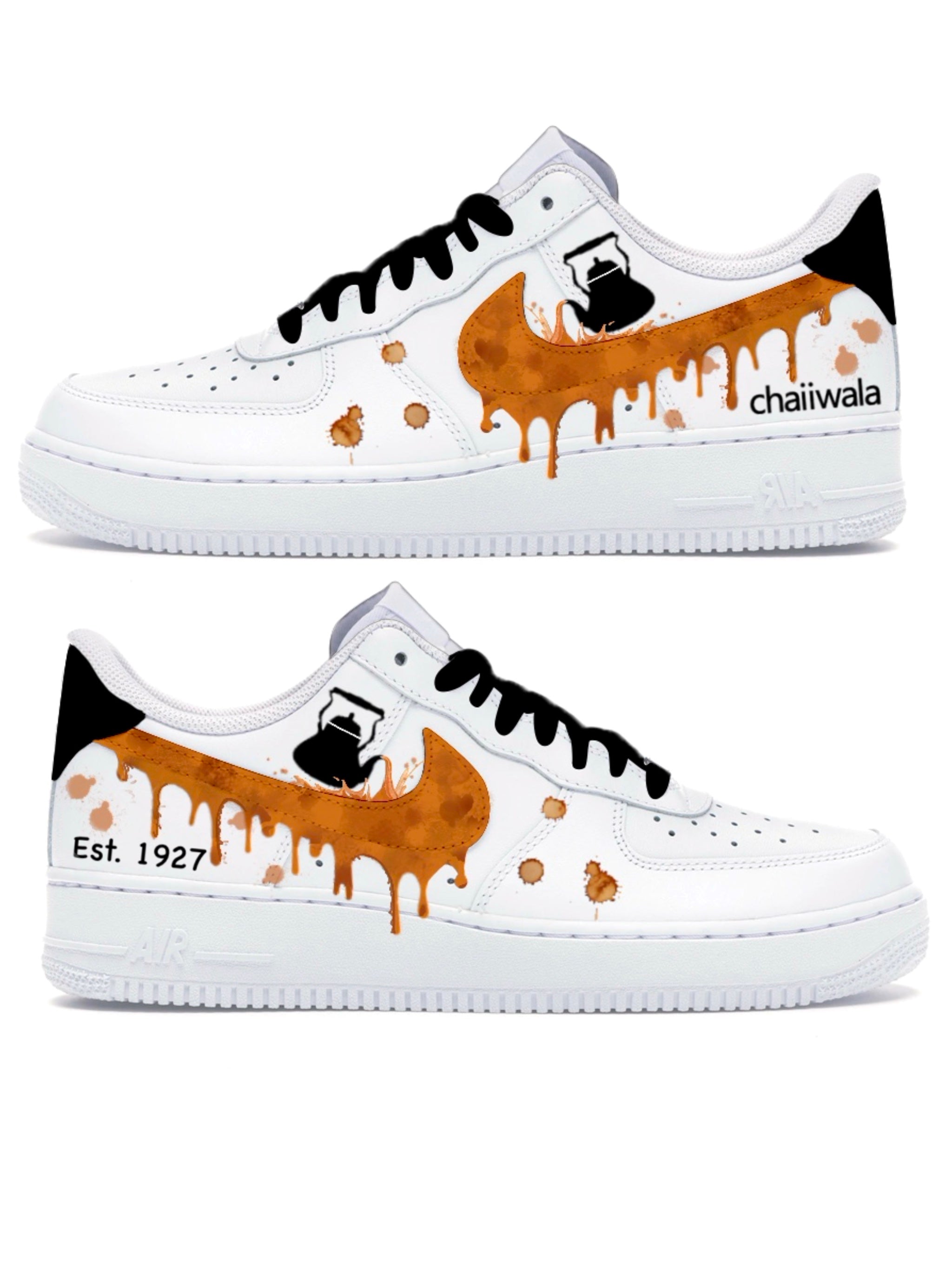 Chaiiwala Inspired custom Nike AF1 sneakers - paint drips- hand painted custom sneakers for businesses and brands - unique branding shoes 