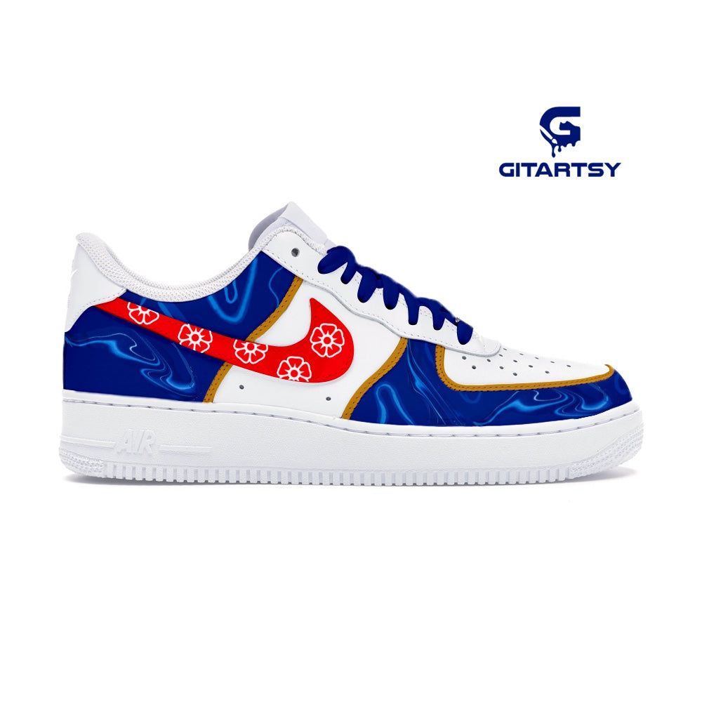 Chelsea FC Inspired Custom Hand-Painted Nike Air Force 1 Sneakers with blue wavy airbrushed design and red swoosh with cdc flowers. Chelsea fc kit matching sneakers 