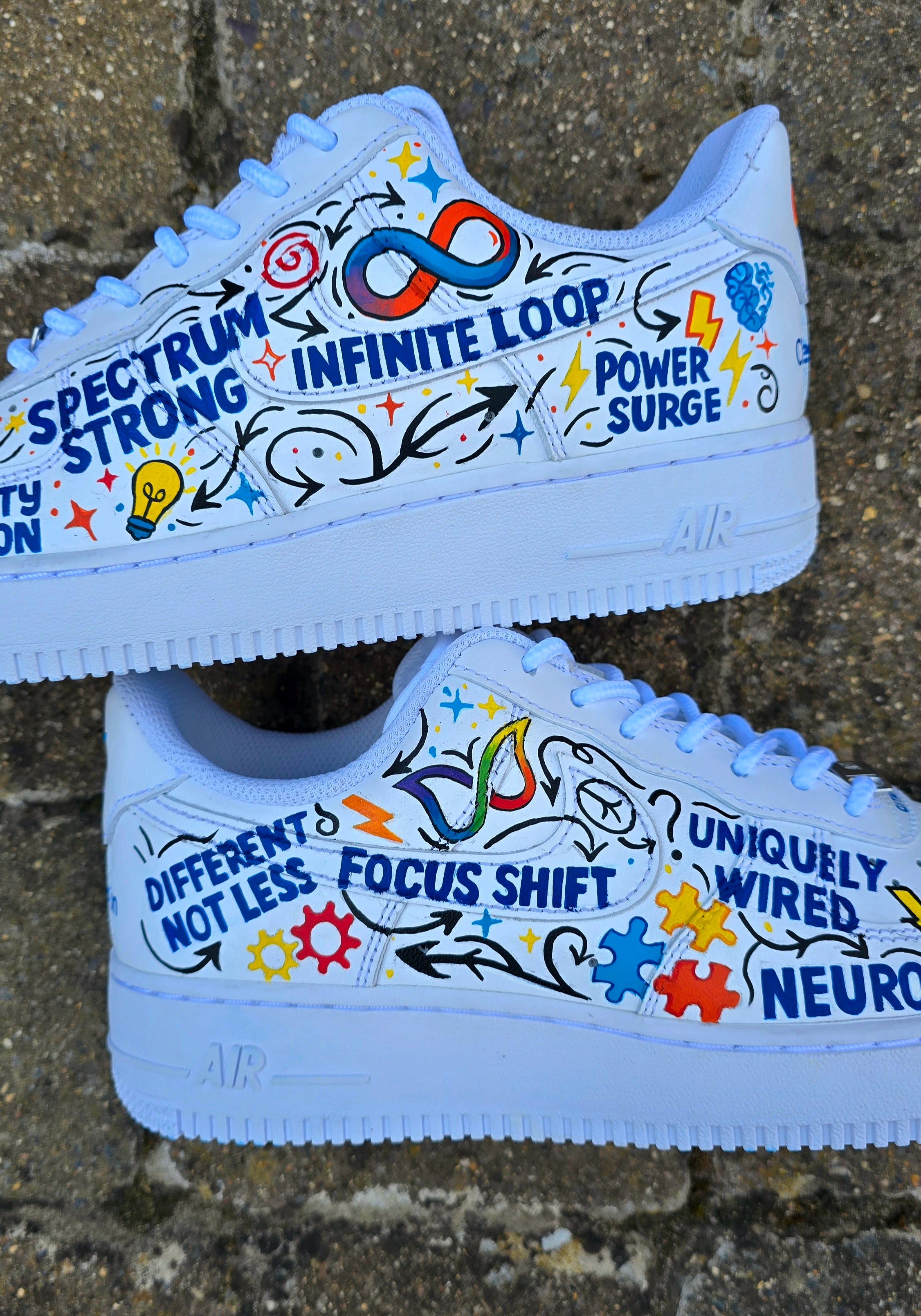 Custom hand-painted Nike Air Force 1 sneakers featuring a vibrant ADHD and Autism awareness design. Includes colourful puzzle pieces, infinity symbols, inspirational typography, and Chelsea FC Foundation branding. Crafted using waterproof and UV-protected leather paints for long-lasting wear. Each pair is unique, representing creativity, inclusivity, and neurodiversity. Perfect for collectors, awareness events, and personal expression.

