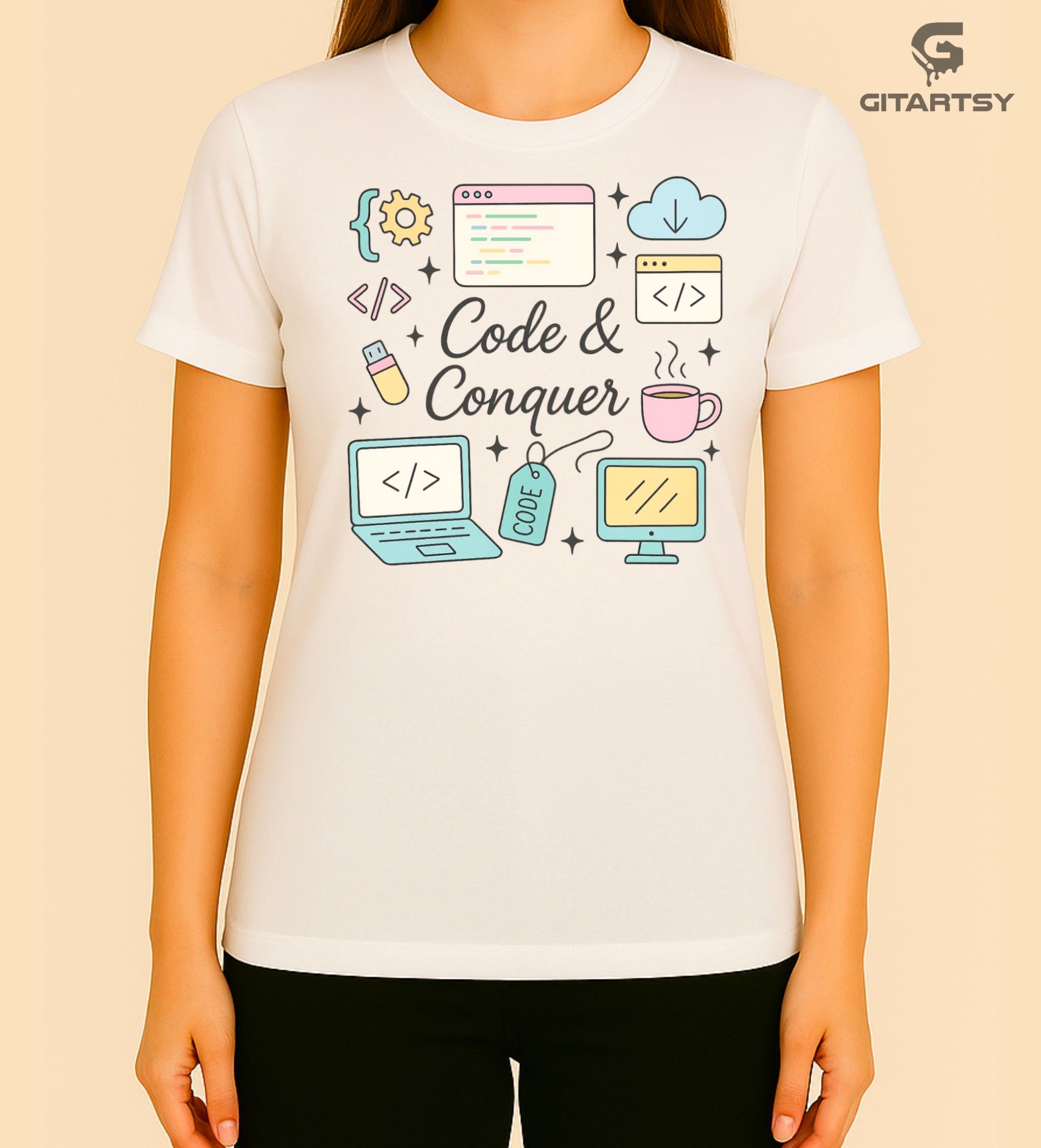 Pastel "Code & Conquer" T-shirt featuring tech icons like laptop, browser, coffee, USB and cloud – perfect gift for coders and developers