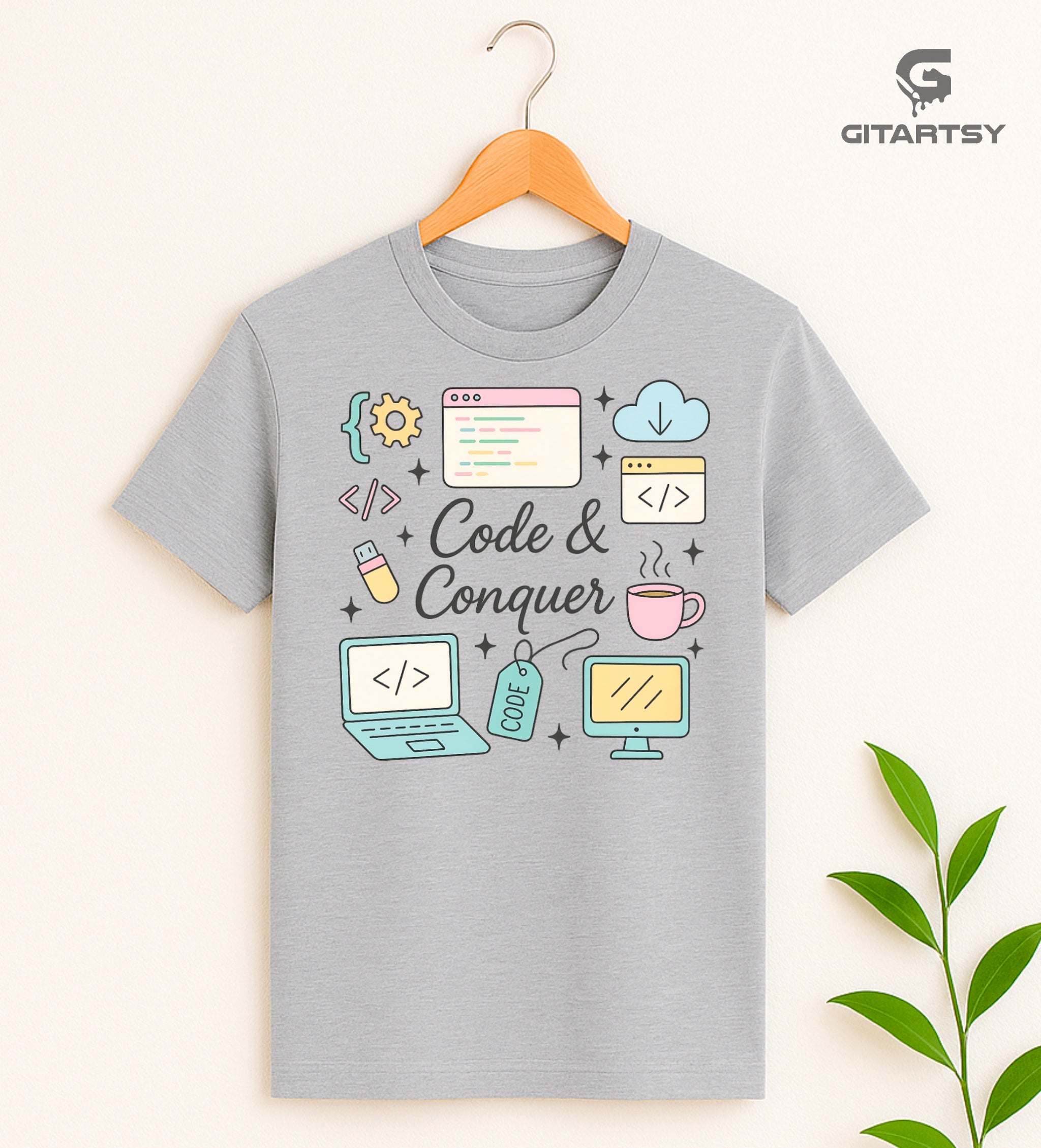 Pastel "Code & Conquer" T-shirt featuring tech icons like laptop, browser, coffee, USB and cloud – perfect gift for coders and developers