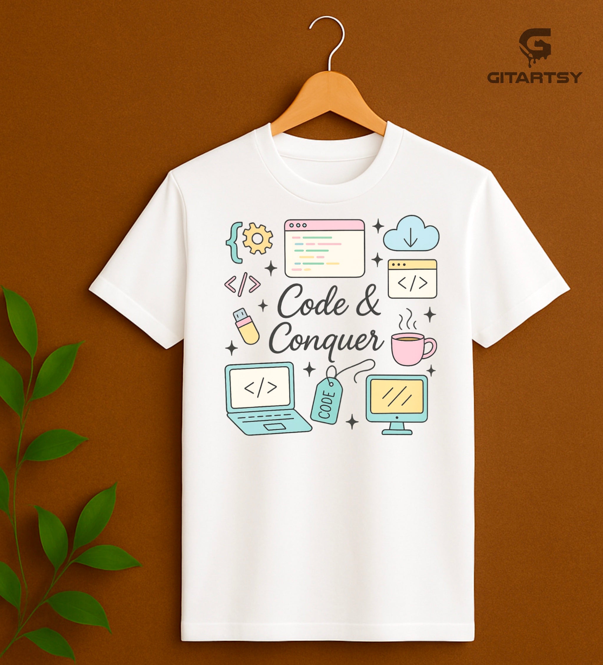 Pastel "Code & Conquer" T-shirt featuring tech icons like laptop, browser, coffee, USB and cloud – perfect gift for coders and developers