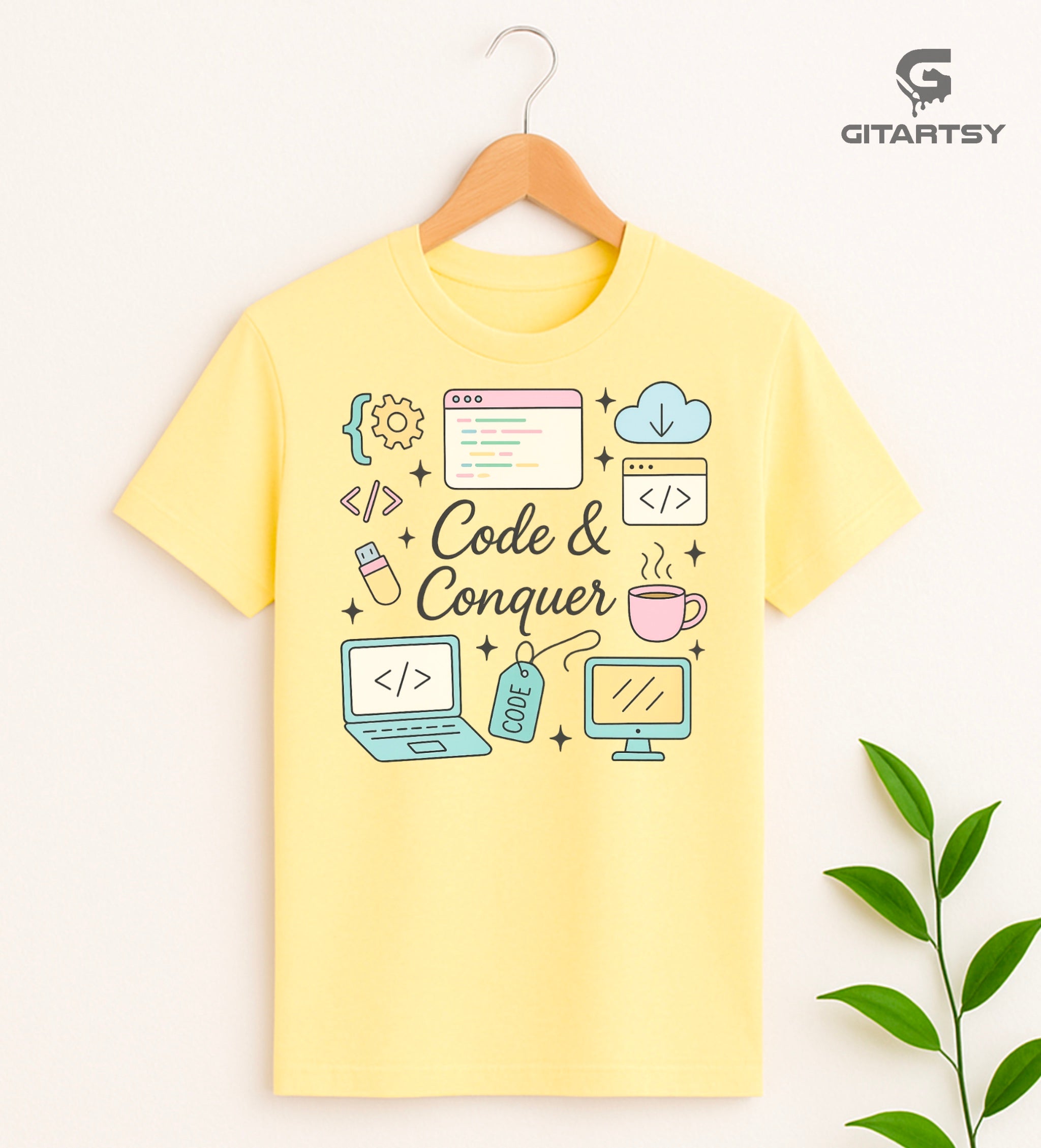 Pastel "Code & Conquer" T-shirt featuring tech icons like laptop, browser, coffee, USB and cloud – perfect gift for coders and developers