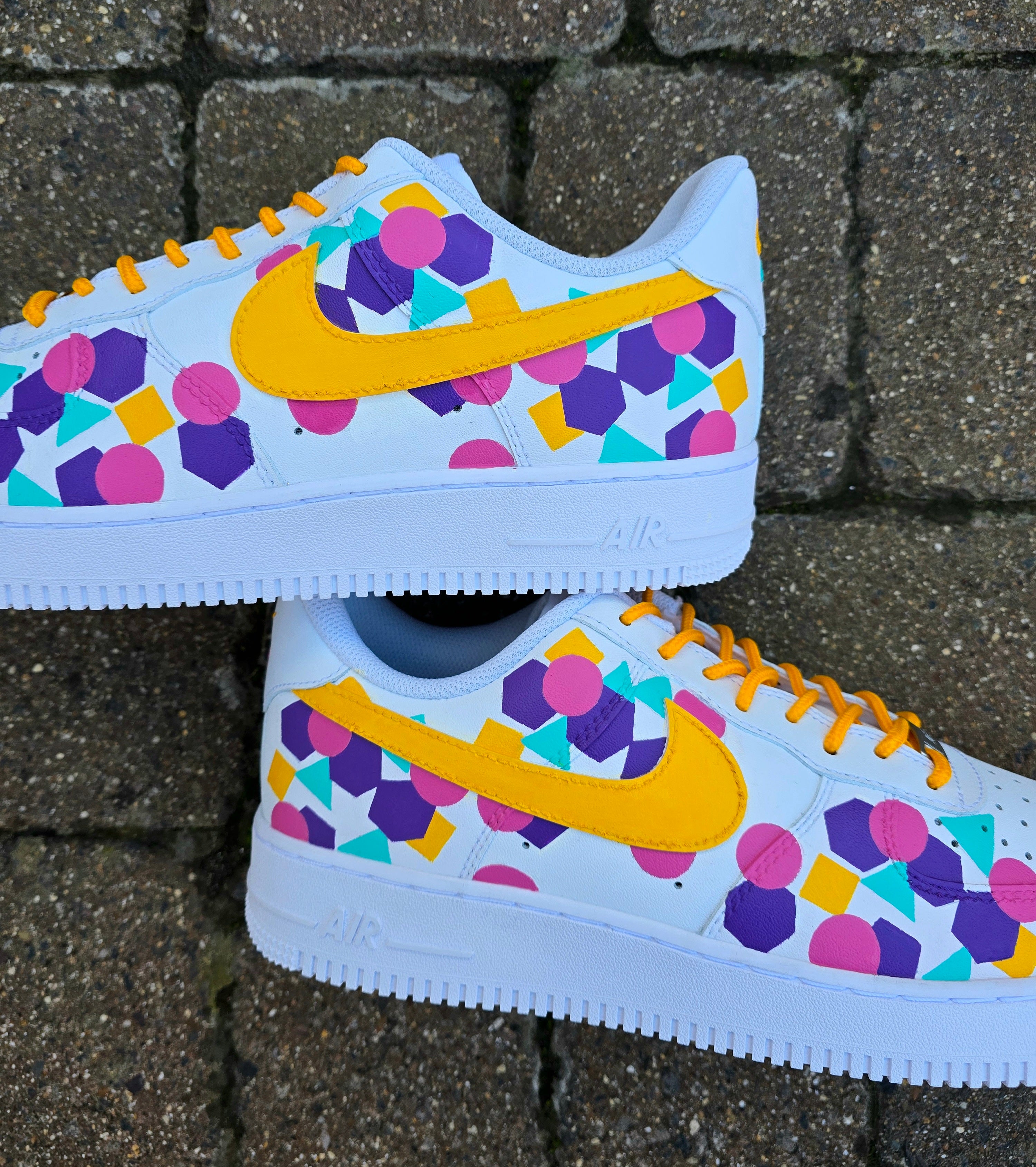 Colourful Nike sneakers with geometric patterns shapes - made for brand - yelllow pink purple green 
