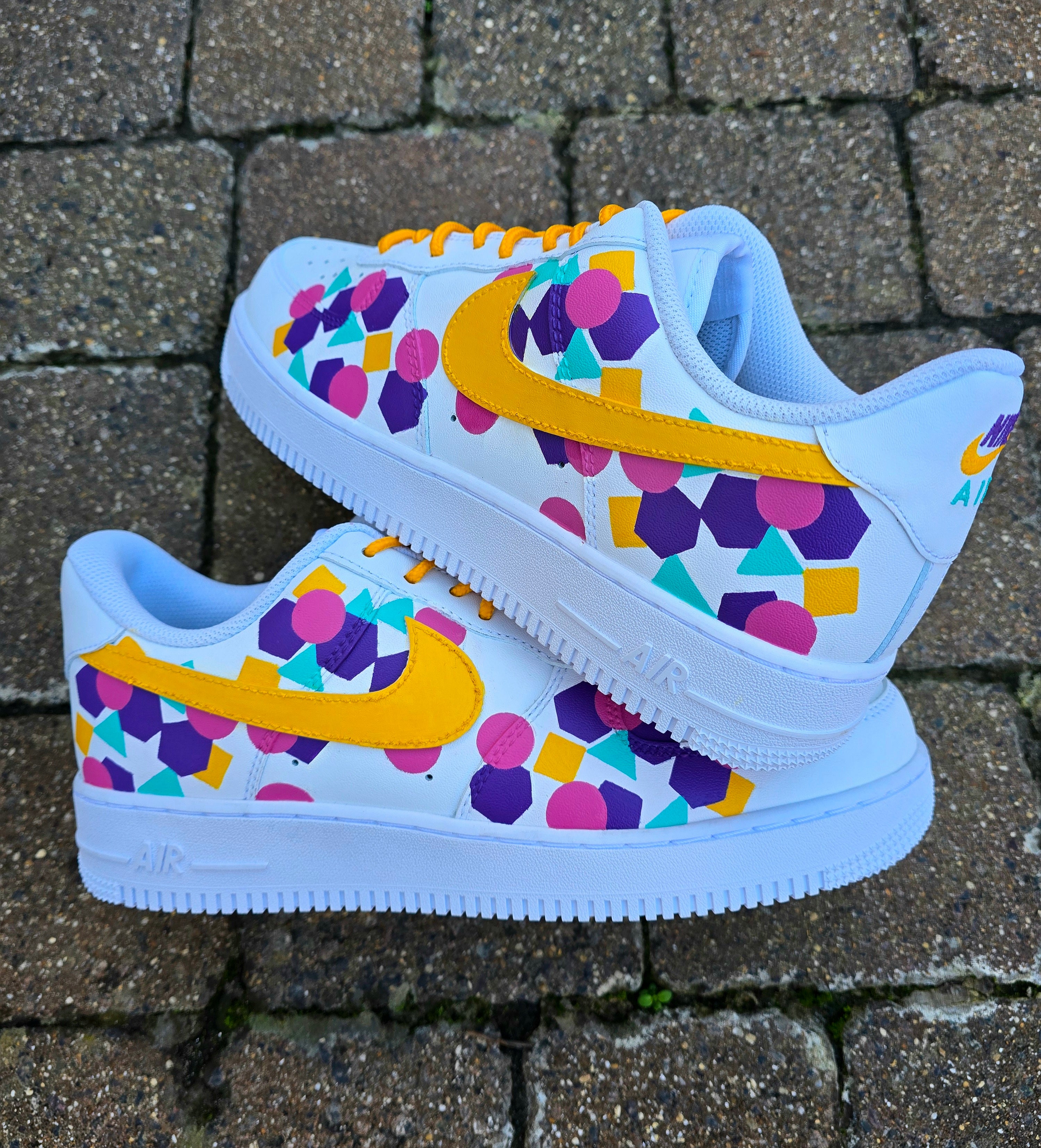 Colourful Nike sneakers with geometric patterns shapes - made for brand - yelllow pink purple green 