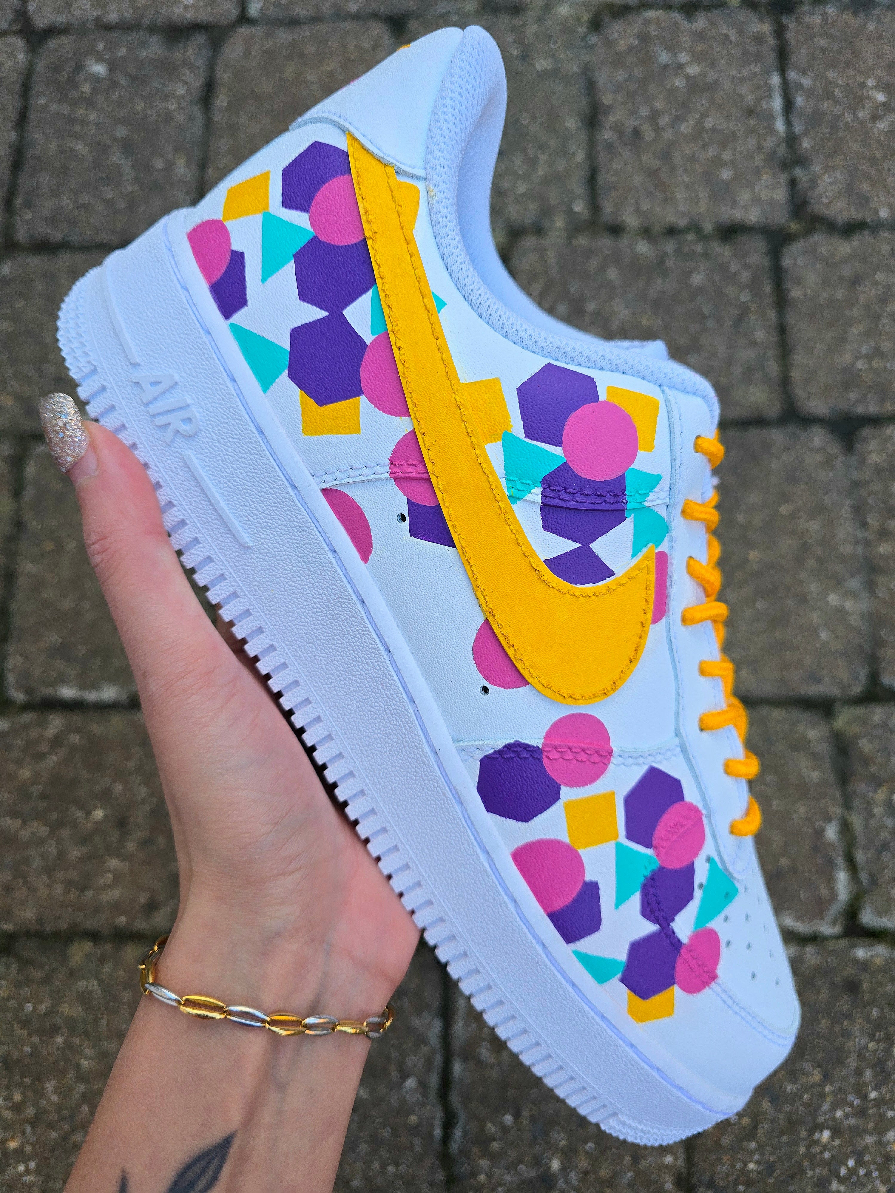 Colourful Nike sneakers with geometric patterns shapes - made for brand - yelllow pink purple green 