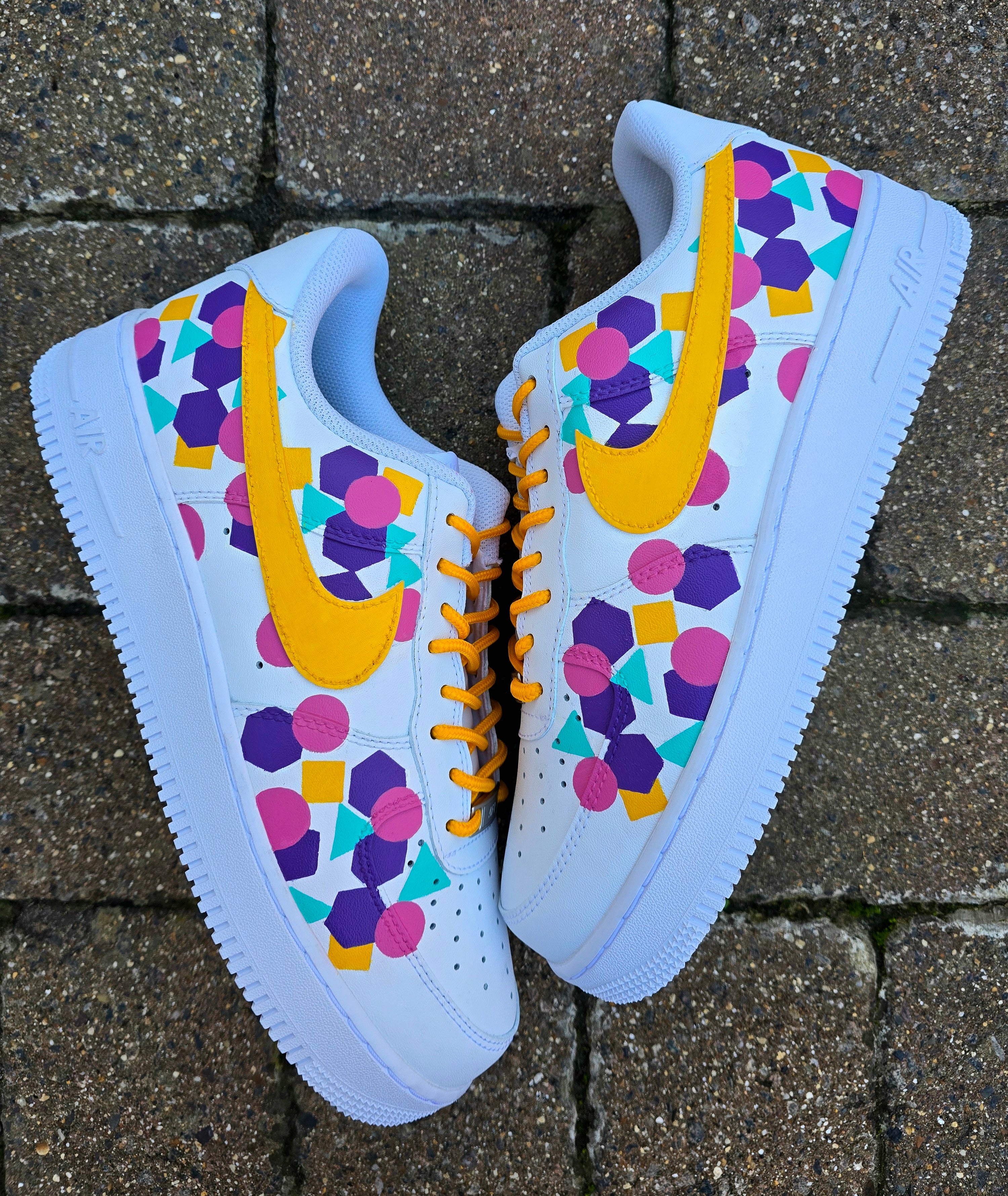 Colourful Nike sneakers with geometric patterns shapes - made for brand - yelllow pink purple green 