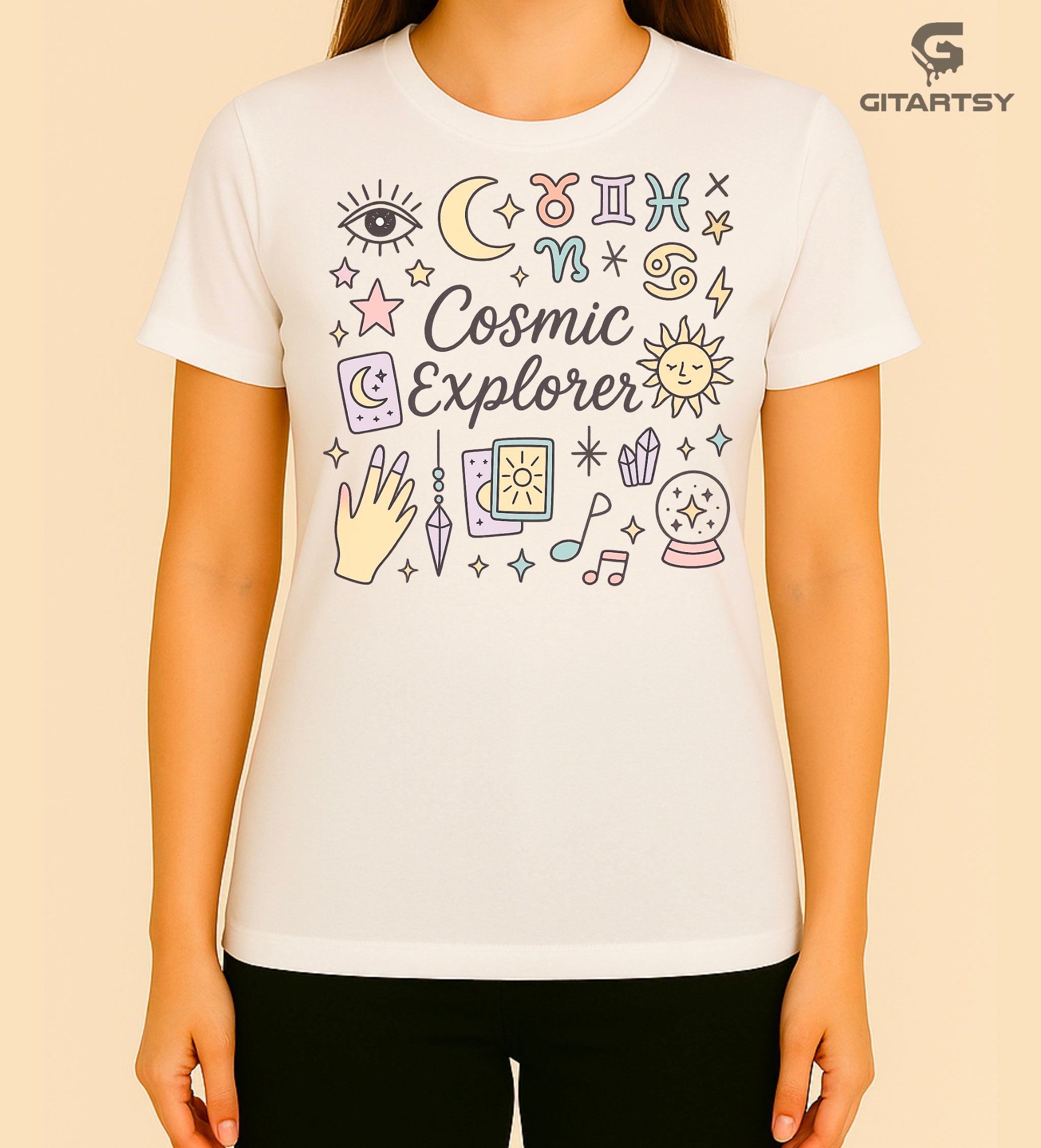 Pastel Cosmic Explorer T-shirt featuring zodiac signs, tarot cards, moon, sun, and celestial icons – perfect gift for astrologers, tarot readers, and spiritual mystics.