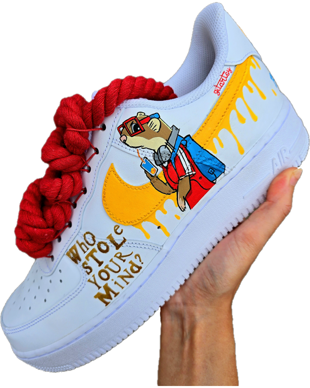 Custom hand-painted Nike Air Force 1 sneakers featuring unique cartoon artwork inspired by the book Who Stole Your Mind? by Being Alphie. The shoes showcase vibrant illustrations, bright yellow swoosh drips, thick red rope laces, and hand-lettered text on premium leather for book lovers, art collectors, and streetwear fans.

