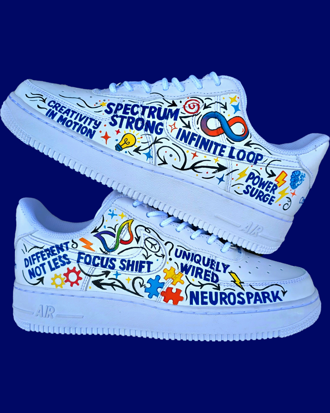 Custom hand-painted Nike Air Force 1 sneakers featuring a vibrant ADHD and Autism awareness design. Includes colourful puzzle pieces, infinity symbols, inspirational typography, and Chelsea FC Foundation branding. Crafted using waterproof and UV-protected leather paints for long-lasting wear. Each pair is unique, representing creativity, inclusivity, and neurodiversity. Perfect for collectors, awareness events, and personal expression.

