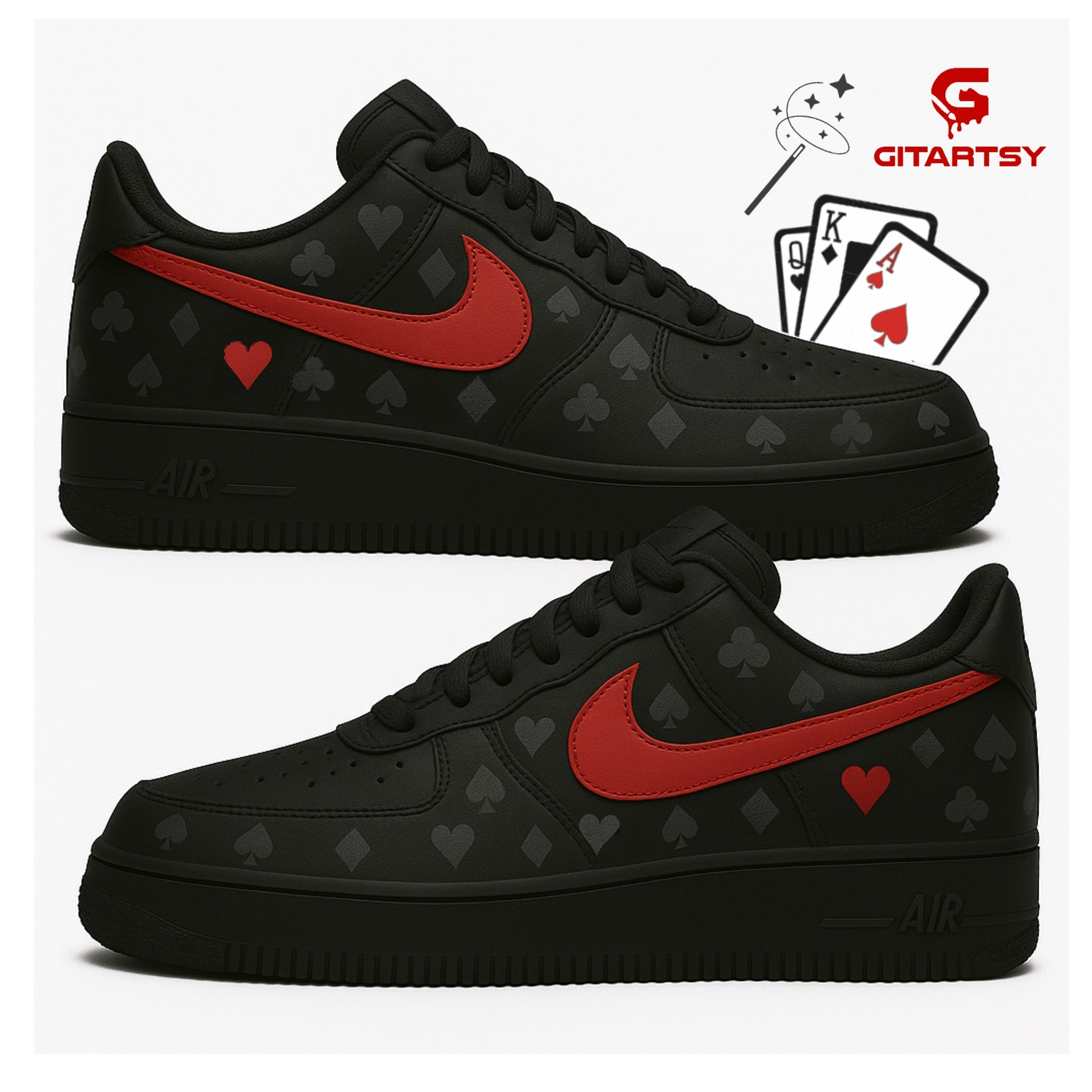 Custom Black Nike AF1 Poker-Themed Sneakers – Hand-Painted with Card Symbols – For Poker Players & Magicians