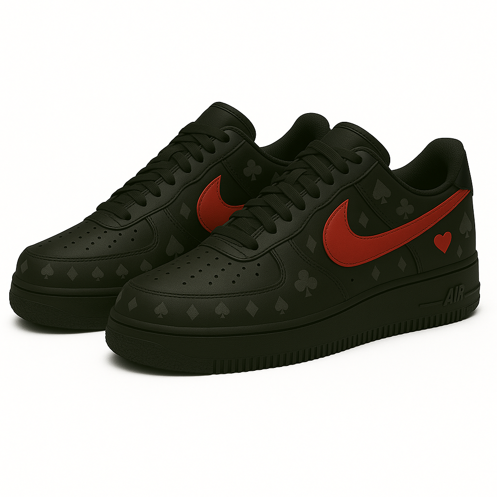 Custom Black Nike AF1 Poker-Themed Sneakers – Hand-Painted with Card Symbols – For Poker Players & Magicians