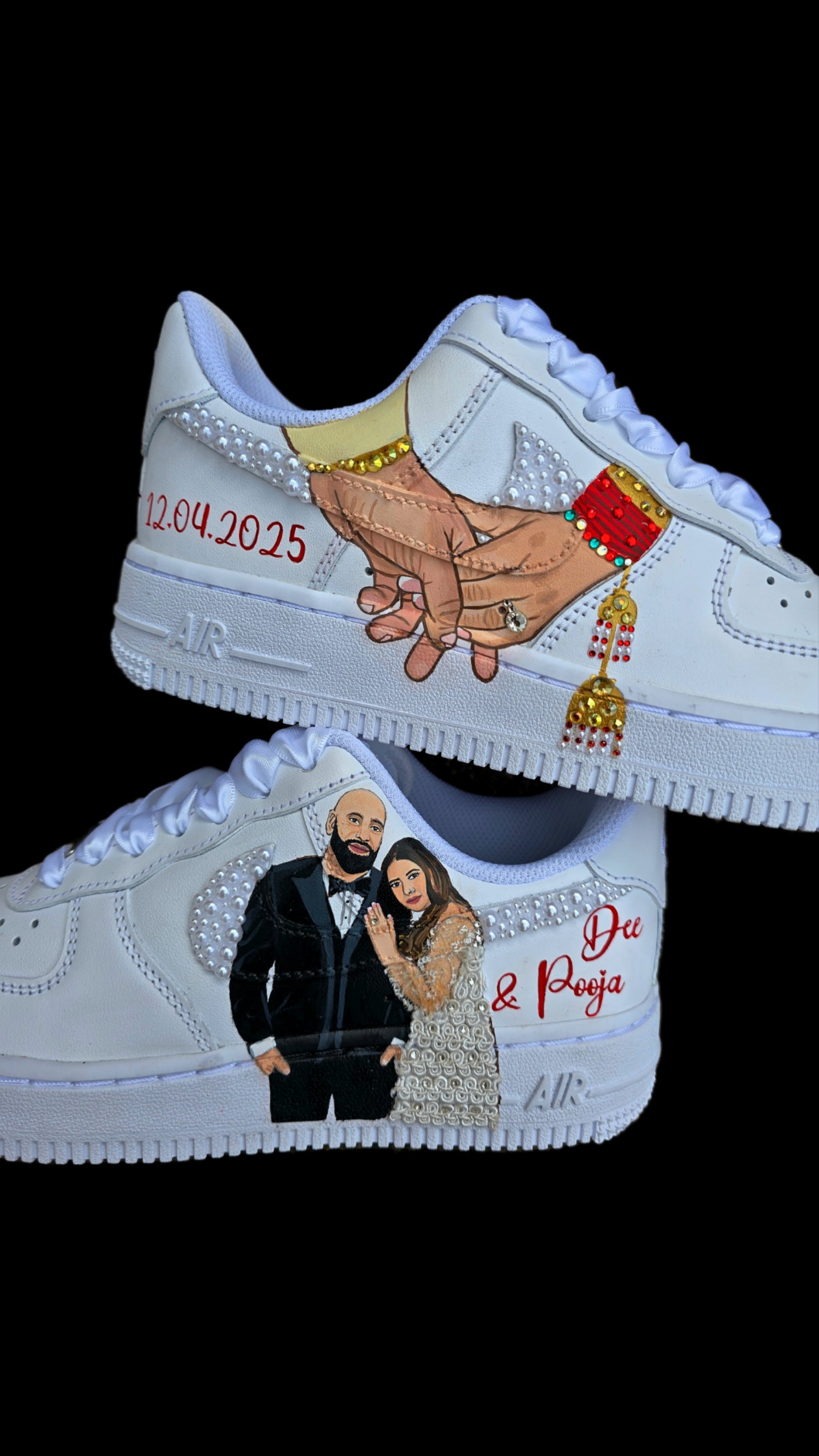 Custom Nike Air Force 1 sneakers hand-painted with a realistic bride and groom portrait, wedding attire details, and personalised touches such as names and dates. Embellished with pearls, rhinestones, and gold accents, these sneakers feature intricate artwork depicting the couple in formal wear and symbolic wedding imagery like clasped hands. Crafted with professional-grade leather paints and sealed for long-lasting wear, these wedding edition shoes combine comfort, style, and sentimental value.

