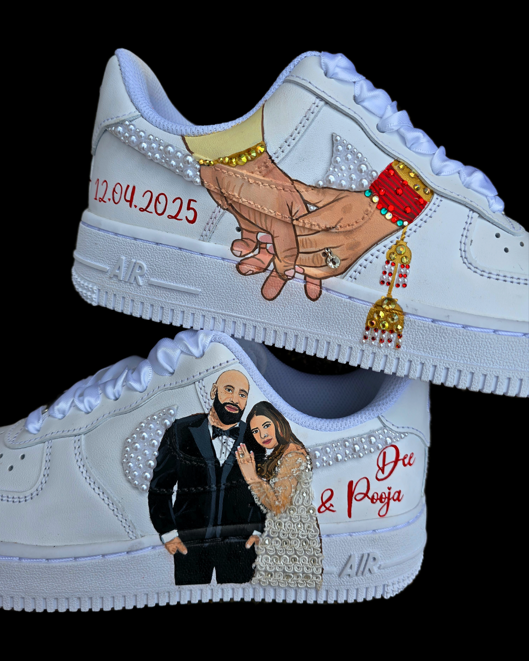 Custom Nike Air Force 1 sneakers hand-painted with a realistic bride and groom portrait, wedding attire details, and personalised touches such as names and dates. Embellished with pearls, rhinestones, and gold accents, these sneakers feature intricate artwork depicting the couple in formal wear and symbolic wedding imagery like clasped hands. Crafted with professional-grade leather paints and sealed for long-lasting wear, these wedding edition shoes combine comfort, style, and sentimental value.


