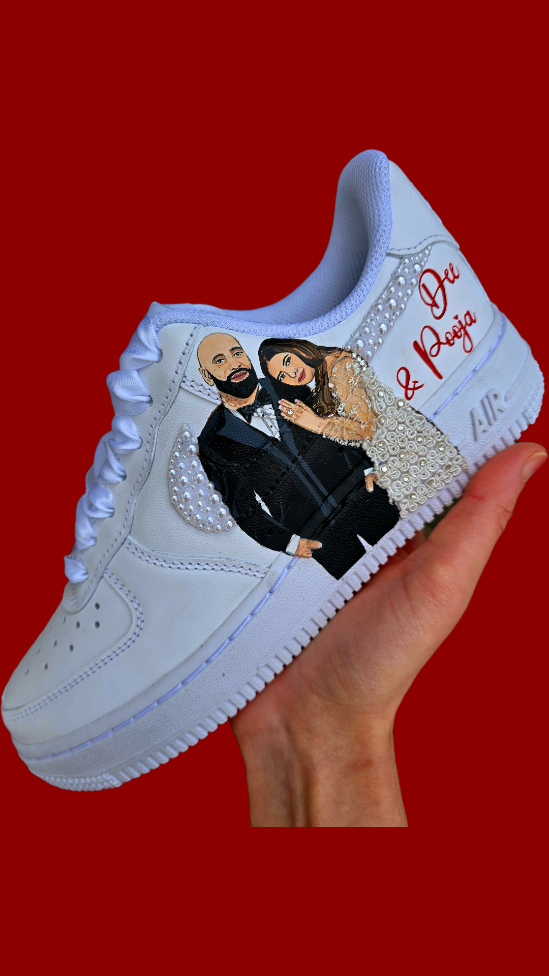 Custom Nike Air Force 1 sneakers hand-painted with a realistic bride and groom portrait, wedding attire details, and personalised touches such as names and dates. Embellished with pearls, rhinestones, and gold accents, these sneakers feature intricate artwork depicting the couple in formal wear and symbolic wedding imagery like clasped hands. Crafted with professional-grade leather paints and sealed for long-lasting wear, these wedding edition shoes combine comfort, style, and sentimental value.

