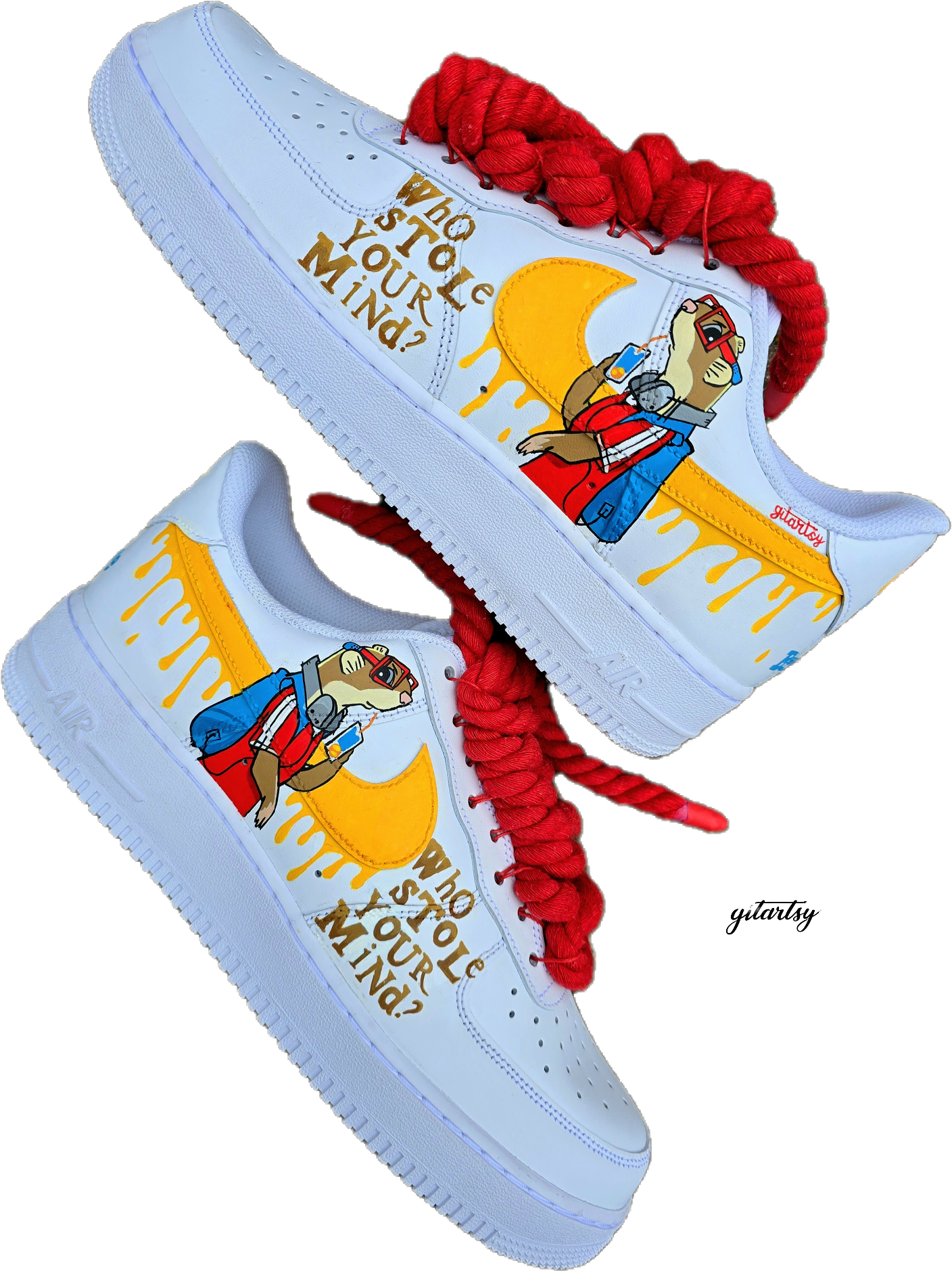 Custom hand-painted Nike Air Force 1 sneakers featuring unique cartoon artwork inspired by the book Who Stole Your Mind? by Being Alphie. The shoes showcase vibrant illustrations, bright yellow swoosh drips, thick red rope laces, and hand-lettered text on premium leather for book lovers, art collectors, and streetwear fans.

