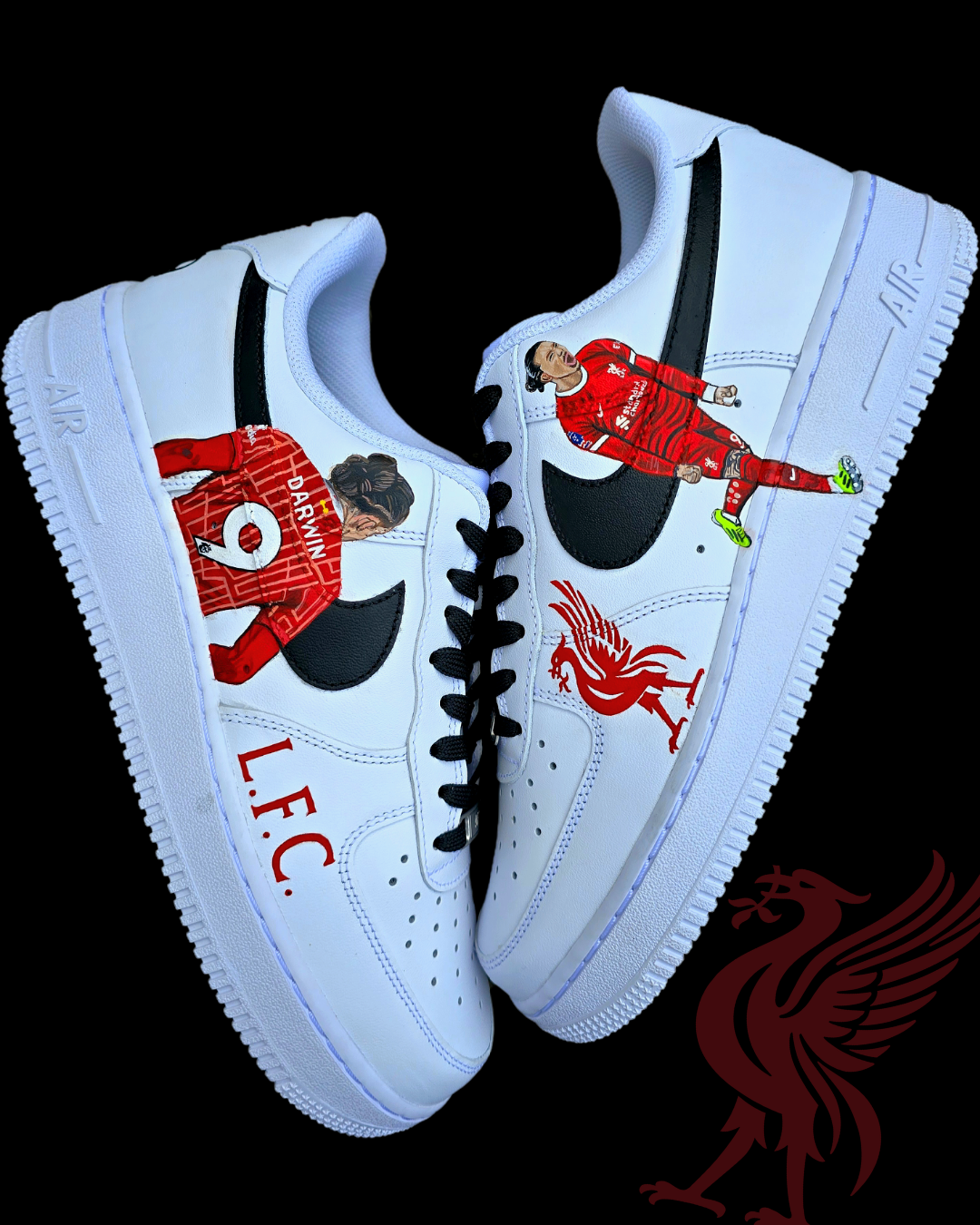 A pair of custom hand-painted Nike Air Force 1 sneakers featuring Liverpool FC striker Darwin Núñez in full red kit, adorned with the iconic Liverpool FC crest, L.F.C. initials, and bold player artwork. The shoes showcase vibrant detailing and premium leather painting, making them a must-have for football fans and sneaker collectors alike.