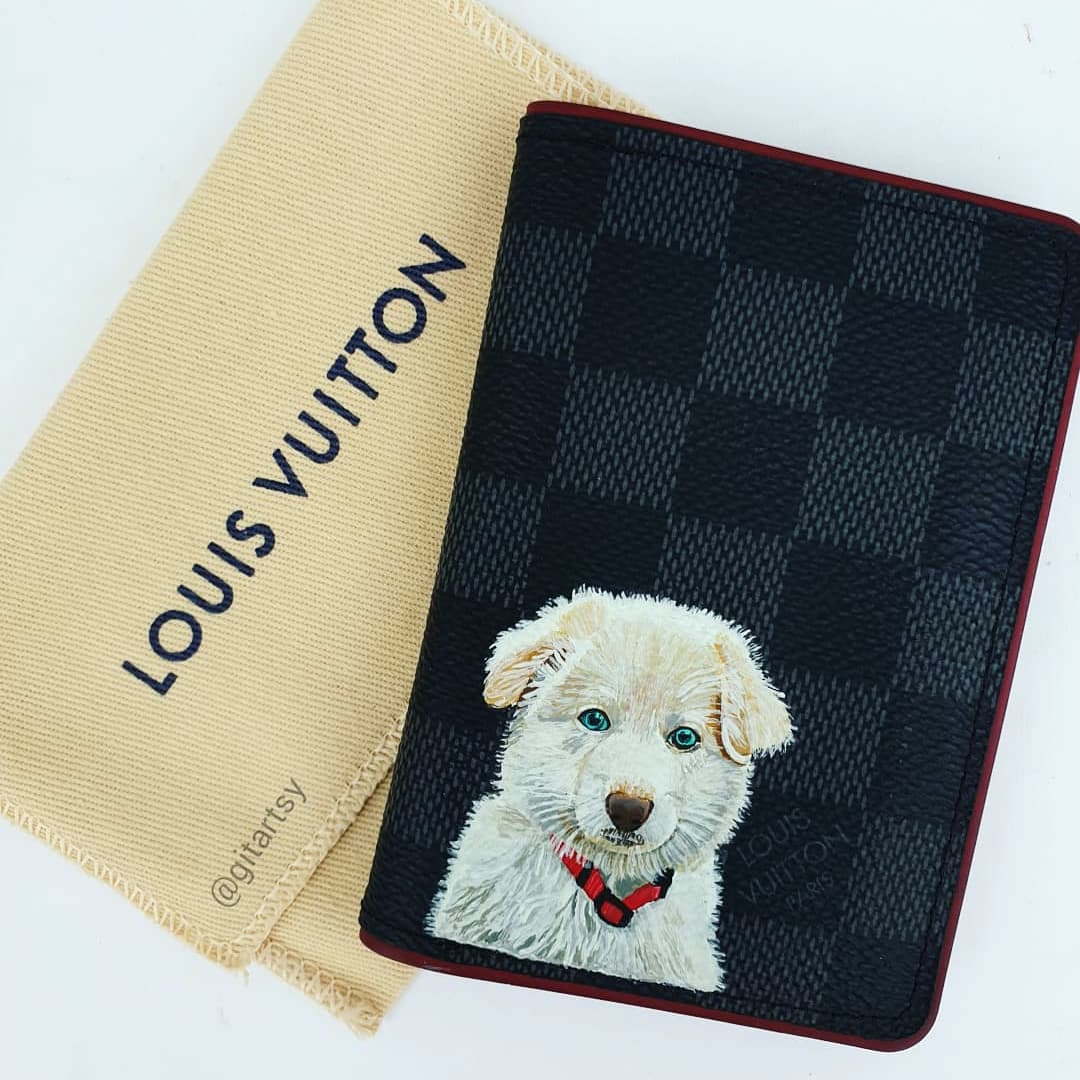 Hand-painted custom dog portrait on an authentic Louis Vuitton wallet or cardholder, featuring a realistic and detailed image of a beloved pet. Unique luxury pet gift idea, showcasing exceptional craftsmanship and personalization for dog lovers who want to carry their furry friend with them everywhere.

