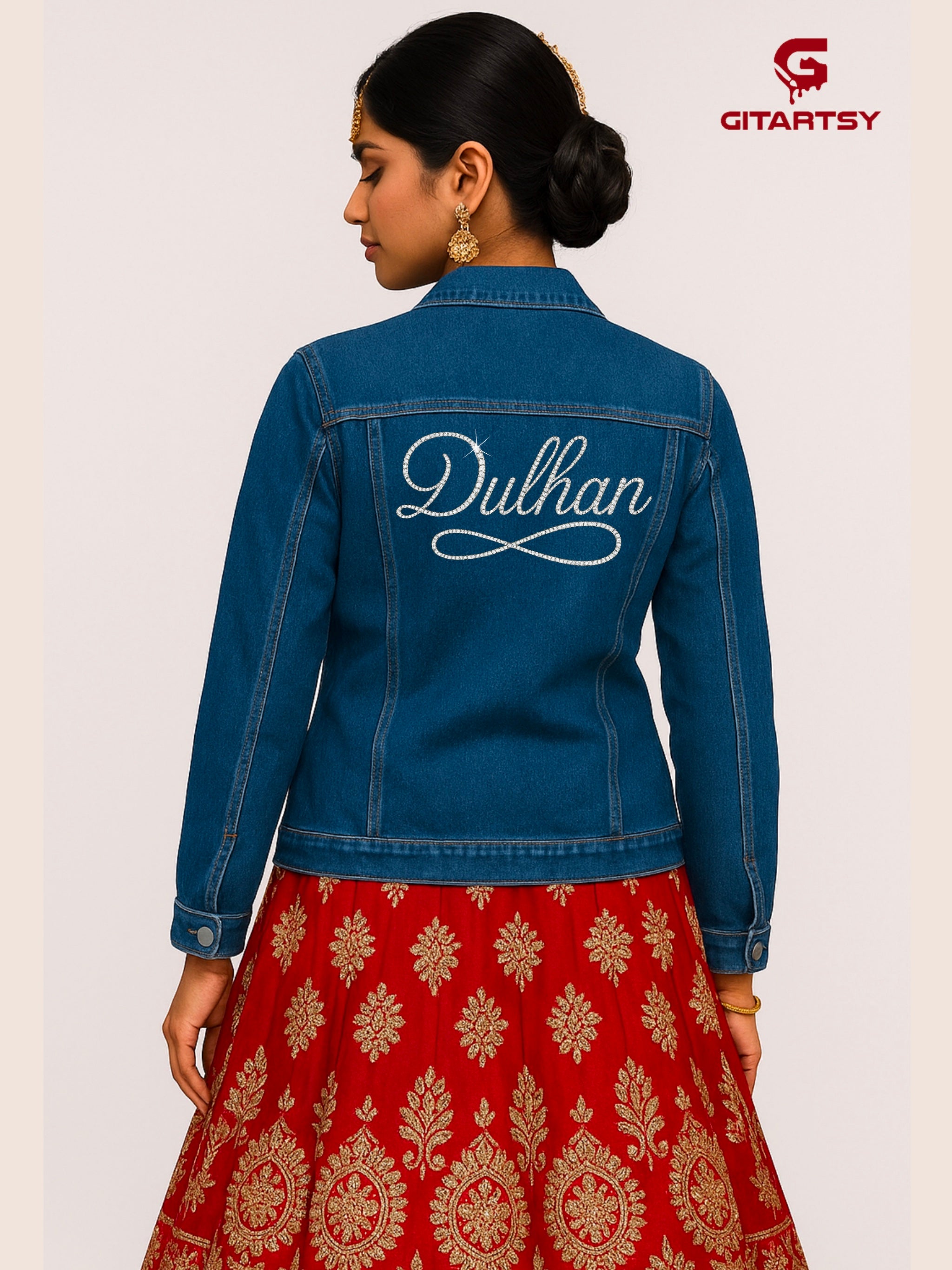 Custom “Dulhan” Denim Jacket for Indian Brides – Crystal Embellished in Gold or Silver – Handmade Bridal blue denim Jacket