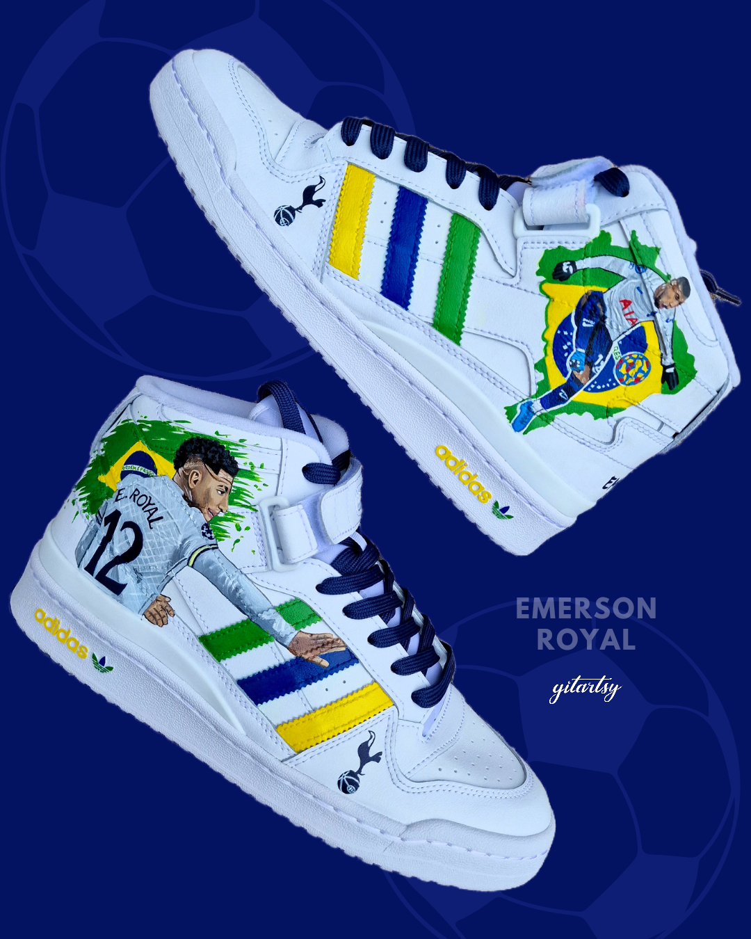 Custom white Adidas high-top sneakers featuring a hand-painted portrait of Brazilian footballer Emerson Royal in Tottenham Hotspur and Brazil kits. The shoe includes Brazil flag artwork, CBF crest, blue and green splashes, and yellow, blue, green Adidas stripes. Enhanced with detailed brushwork and durable acrylic paint, perfect for football fans and sneaker collectors.

