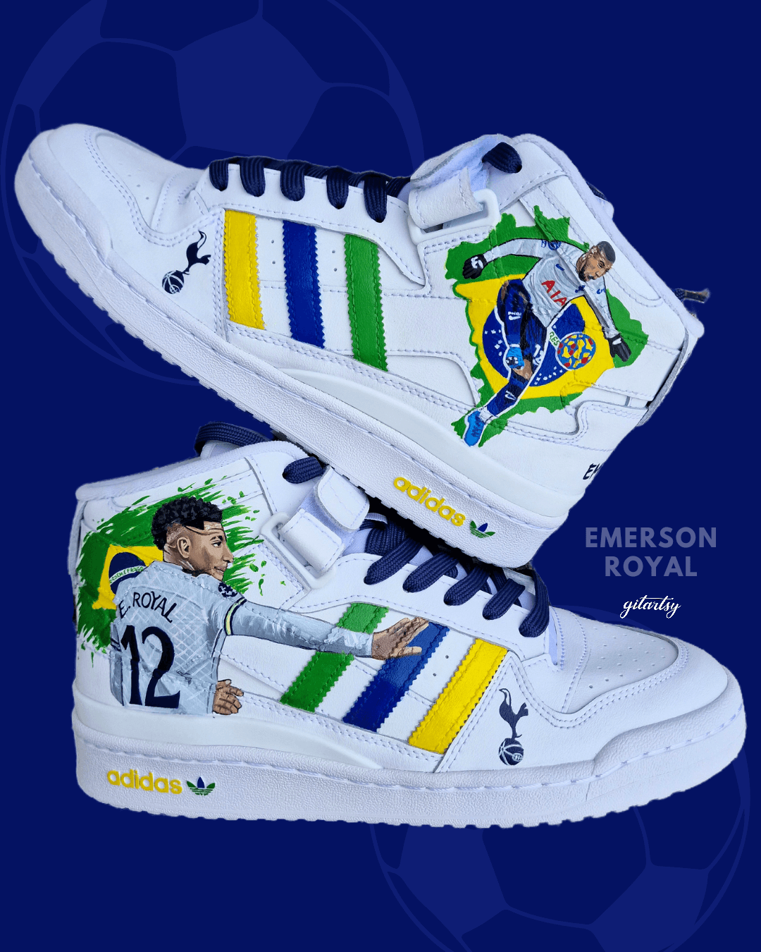 Custom white Adidas high-top sneakers featuring a hand-painted portrait of Brazilian footballer Emerson Royal in Tottenham Hotspur and Brazil kits. The shoe includes Brazil flag artwork, CBF crest, blue and green splashes, and yellow, blue, green Adidas stripes. Enhanced with detailed brushwork and durable acrylic paint, perfect for football fans and sneaker collectors.

