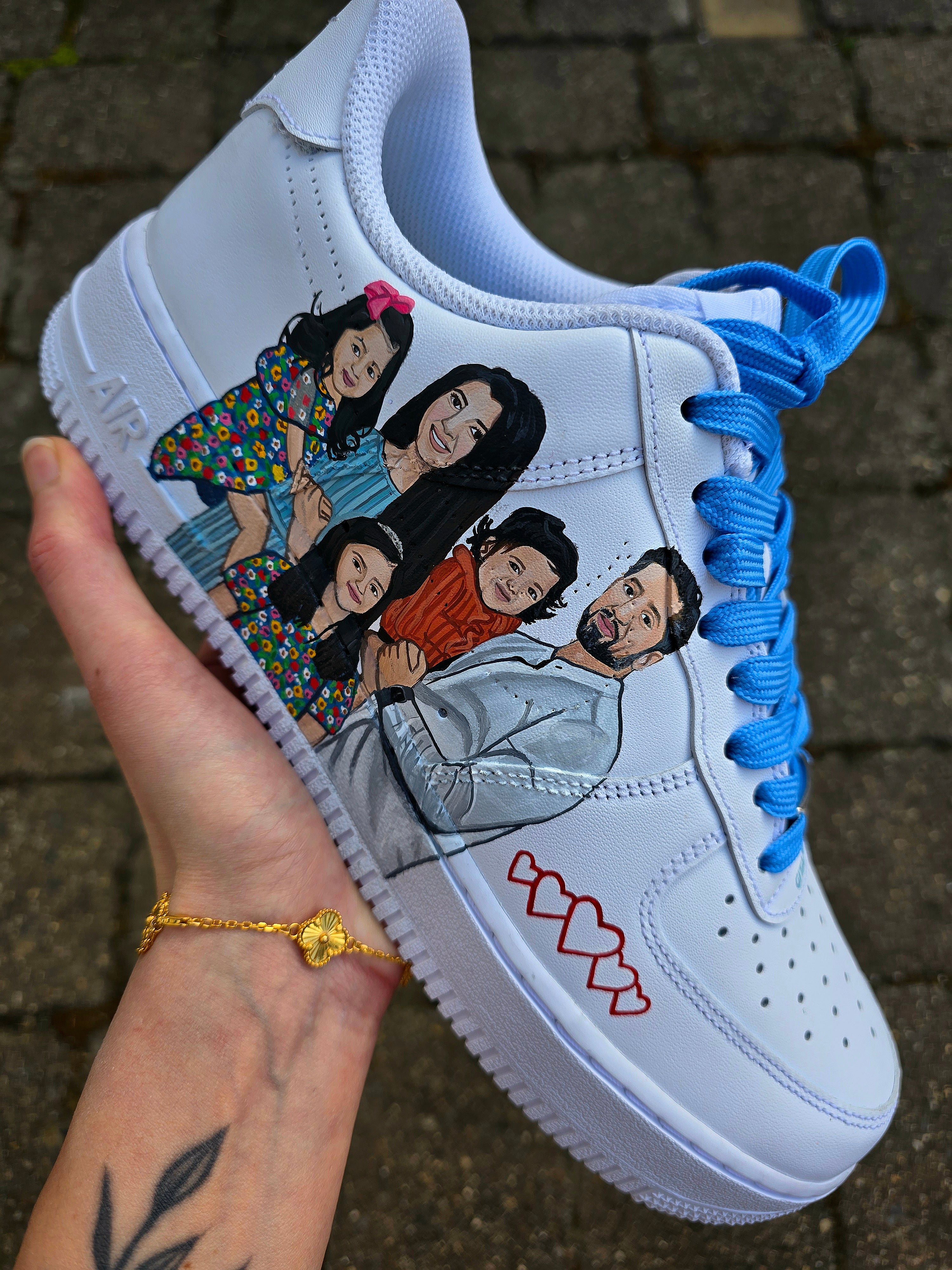 Custom Family Portrait Nike AF1 Sneakers – Hand-Painted, Realistic Art with 5 Family Members illustrated - mum dad and three children 