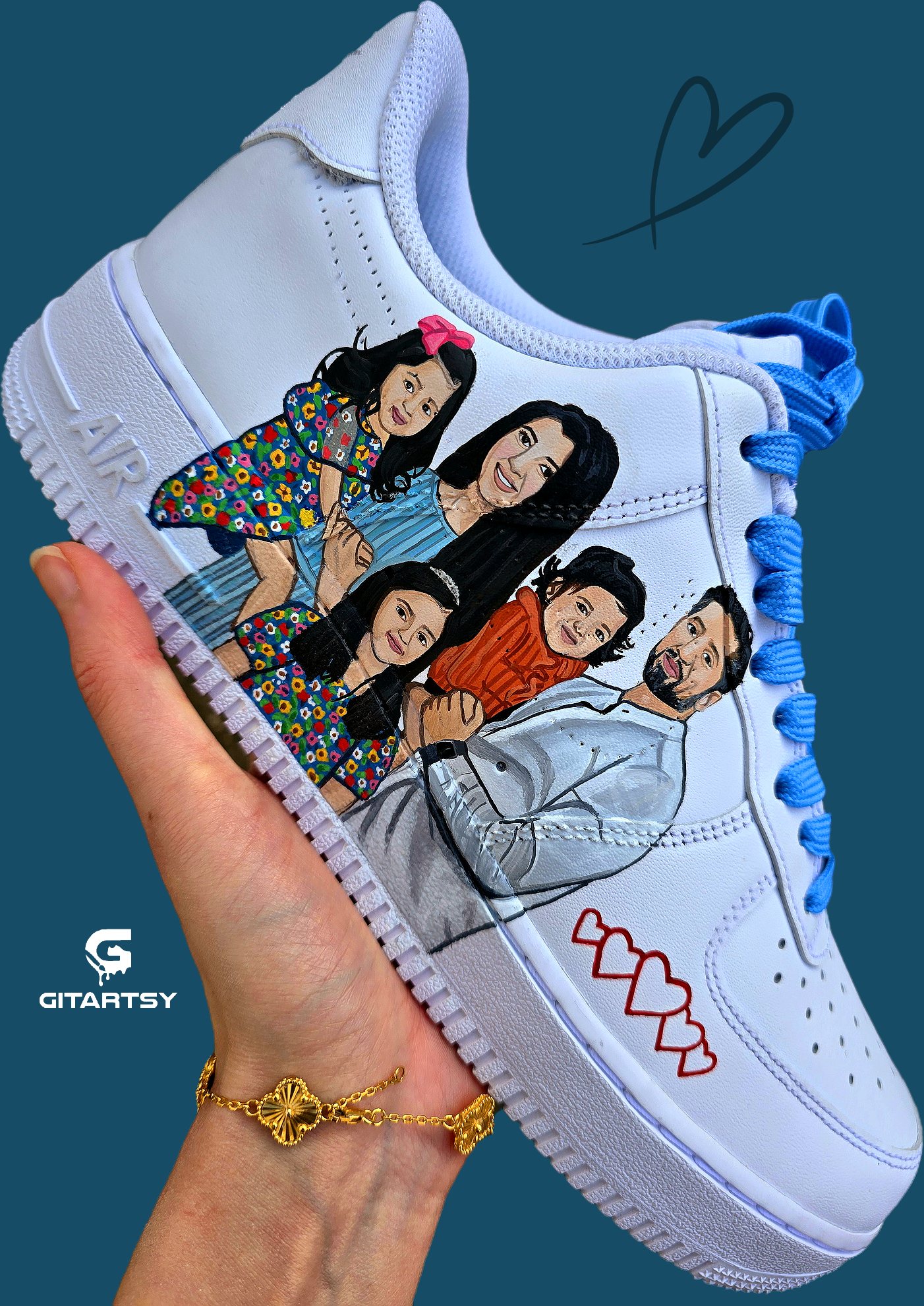 Custom Family Portrait Nike AF1 Sneakers – Hand-Painted, Realistic Art with 5 Family Members illustrated - mum dad and three children 