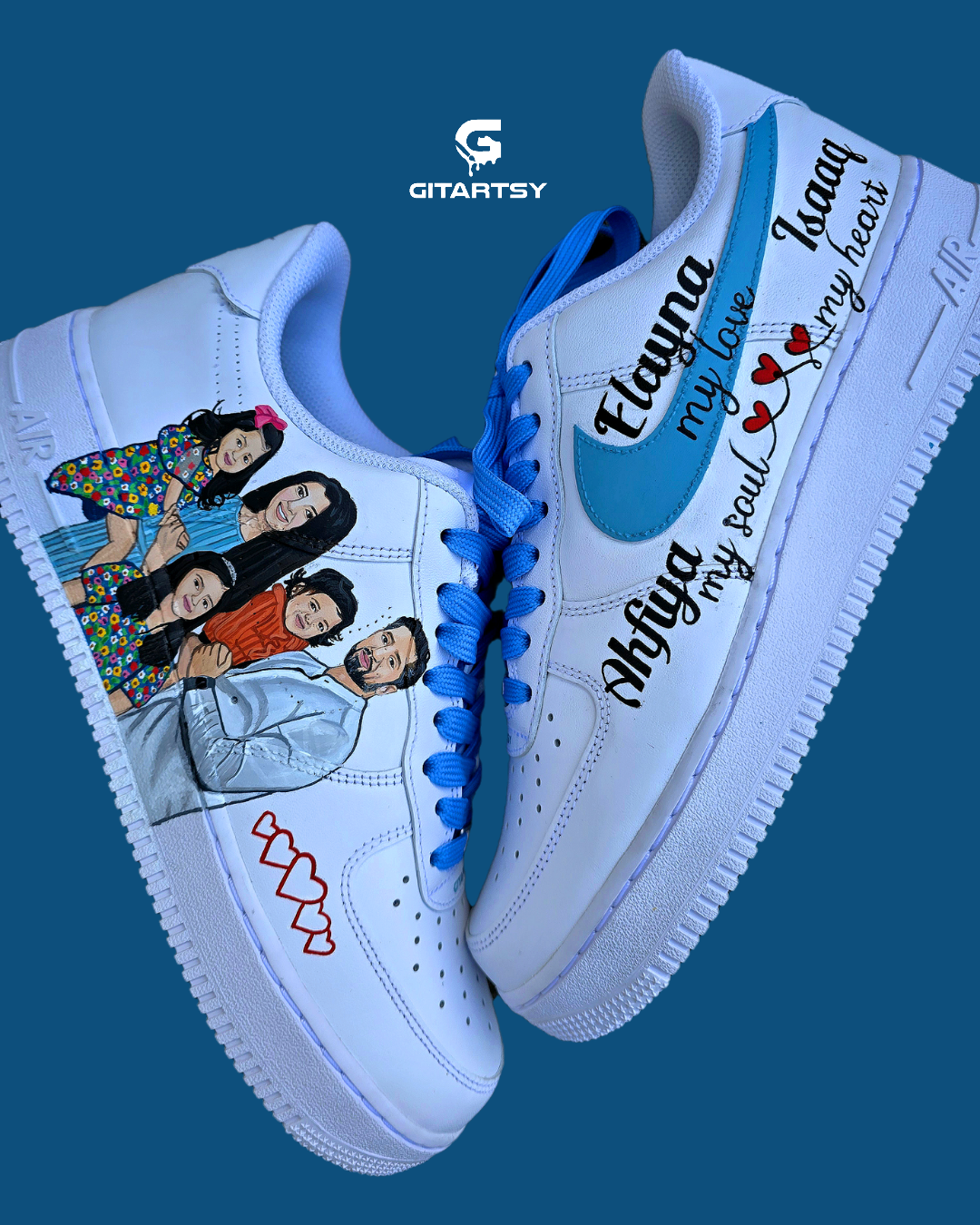 Custom Family Portrait Nike AF1 Sneakers – Hand-Painted, Realistic Art with 5 Family Members illustrated - mum dad and three children 