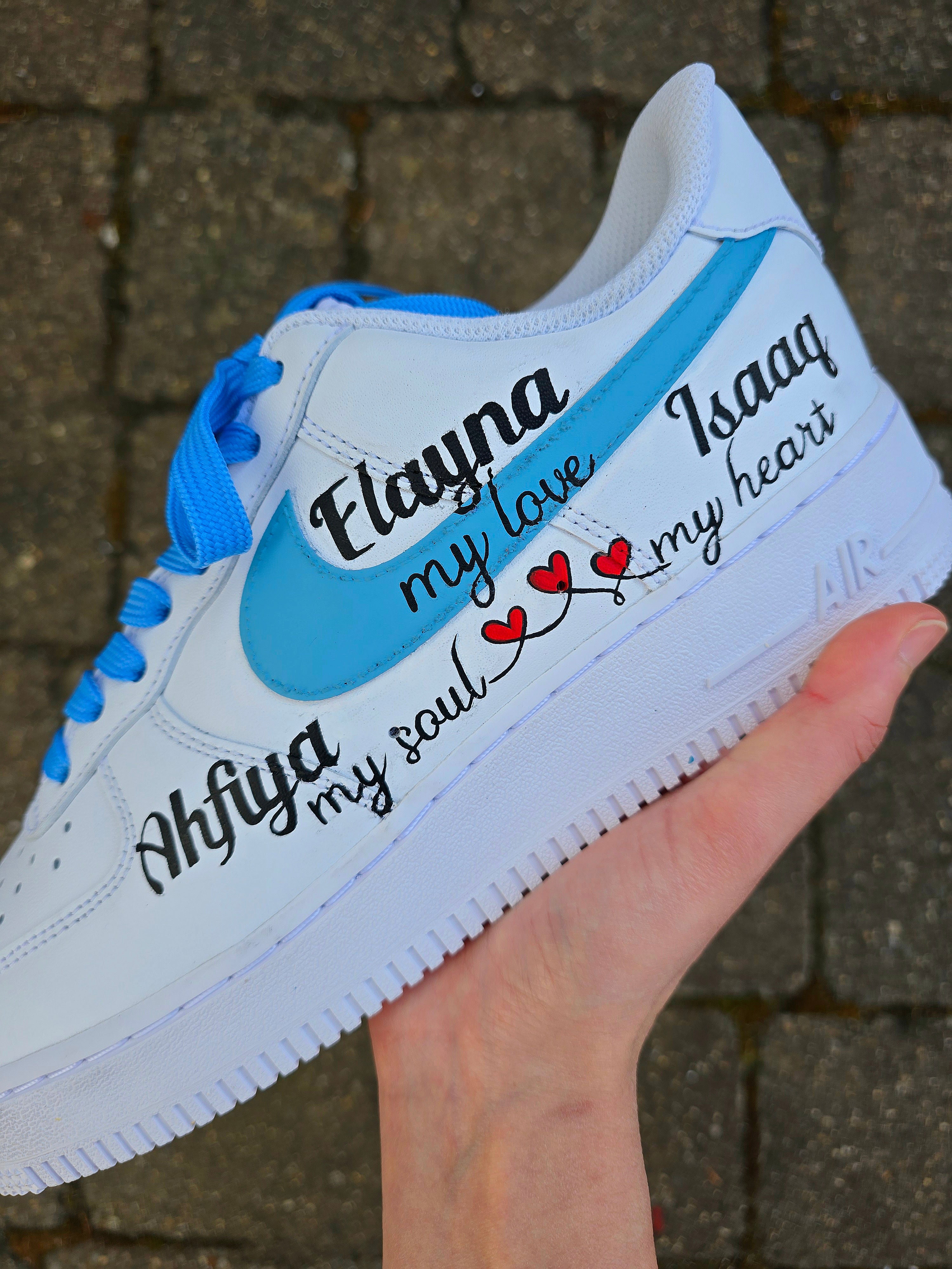 Custom Family Portrait Nike AF1 Sneakers – Hand-Painted, Realistic Art with 5 Family Members illustrated - mum dad and three children 