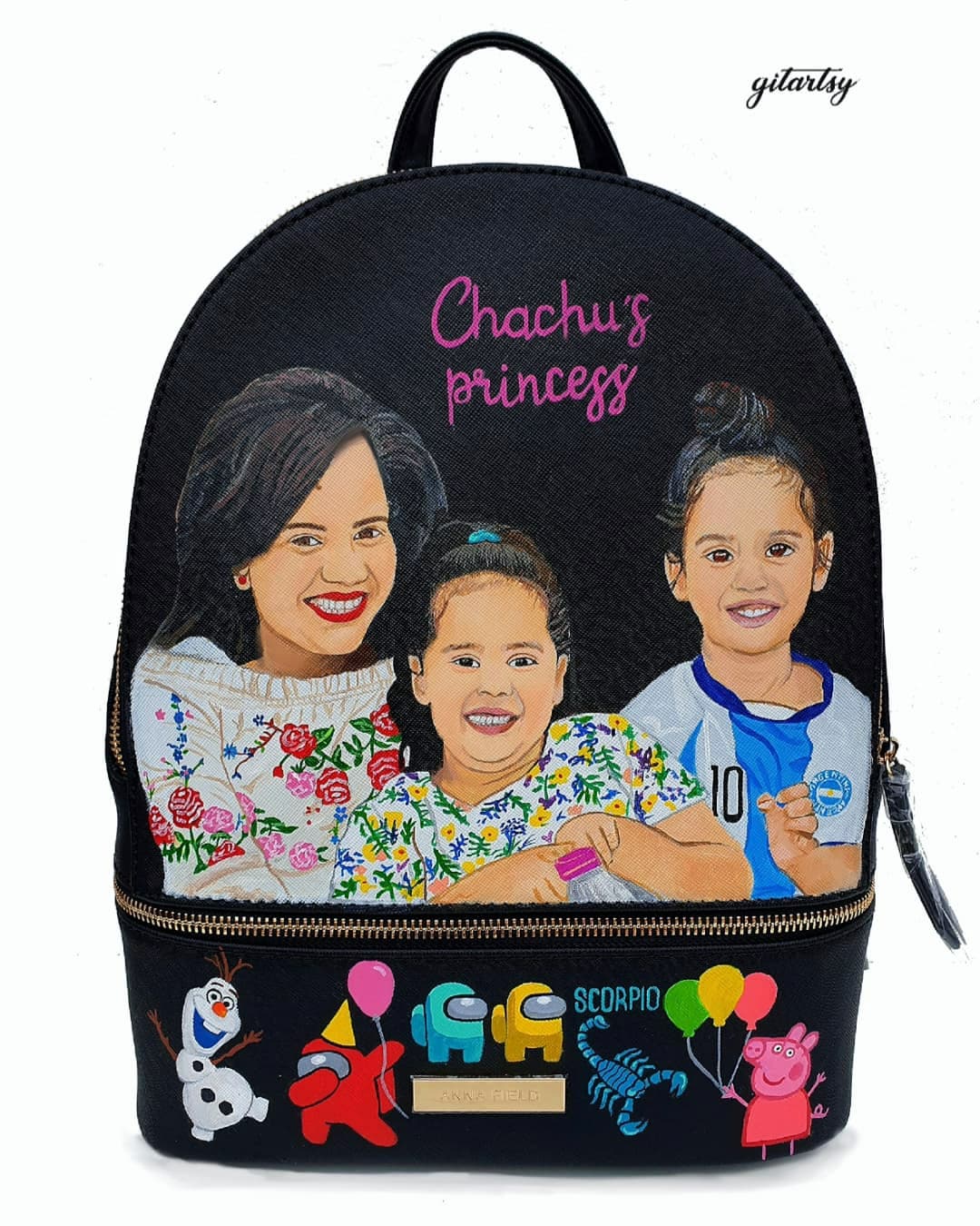 Custom family portrait hand-painted backpack showing a smiling mother and two daughters on the front panel, with colorful characters and zodiac motifs at the bottom; crafted with premium leather paints, showcasing personalized details like names, favorite cartoons, and astrological signs.

