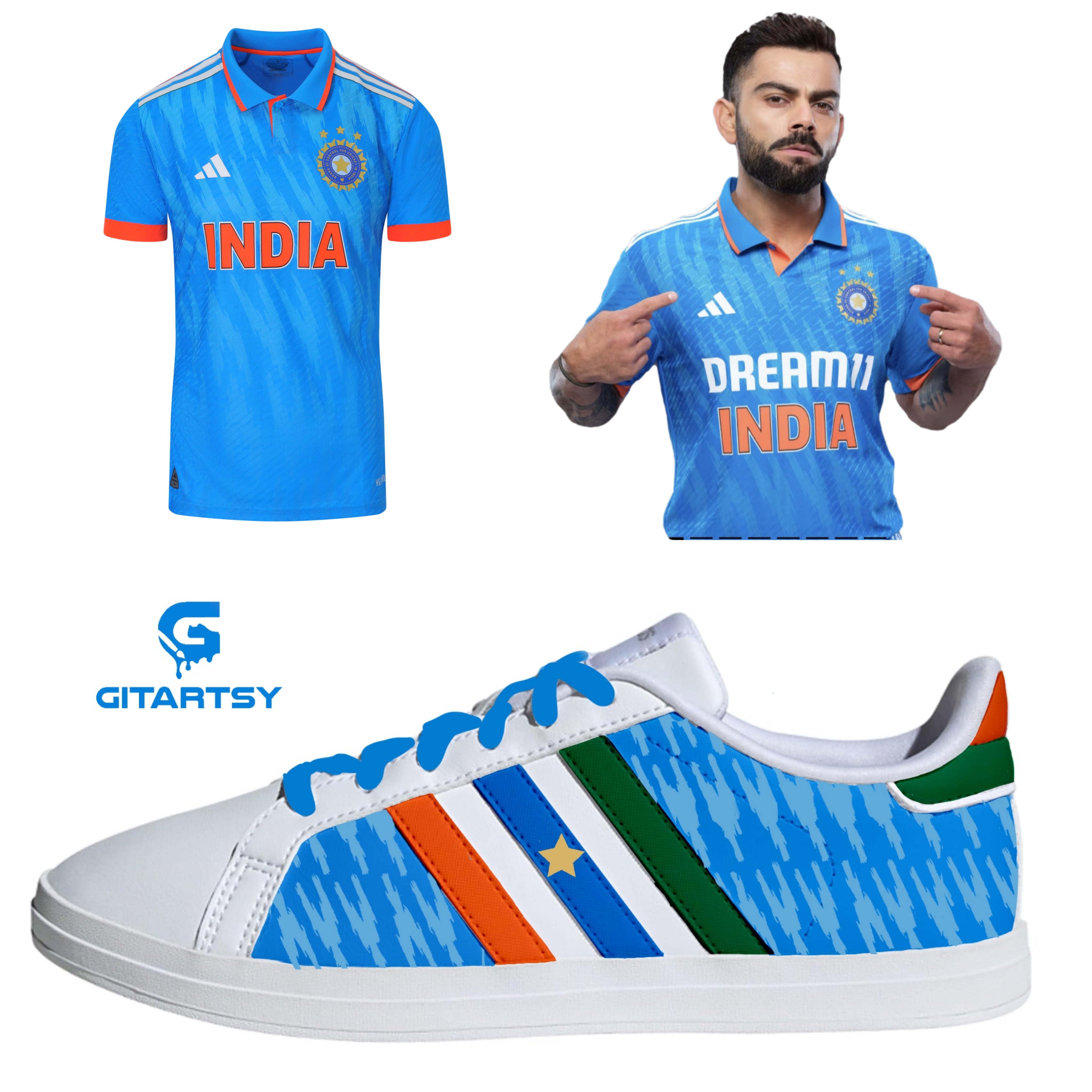 Custom Hand-Painted Adidas Sneakers – Inspired by Team India Cricket Jersey. Blue with jersey pattern painted along with indian flag colours 