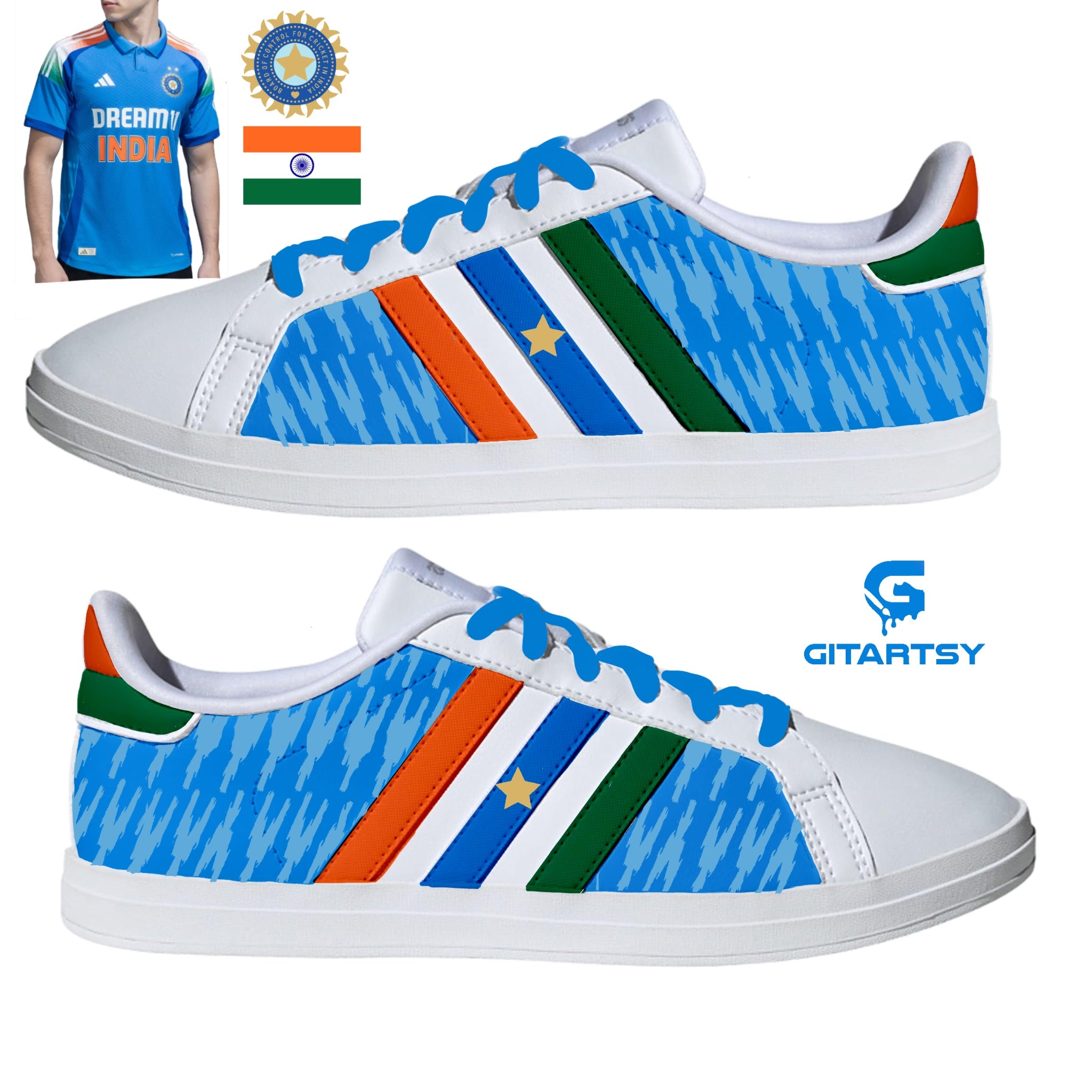 adidas gazelle silver green womens Custom Hand-Painted adidas Sneakers – Inspired by Team India Cricket Jersey, Unique Cricket Fan Shoes, Personalized Cricket-Themed Sneakers UK 11