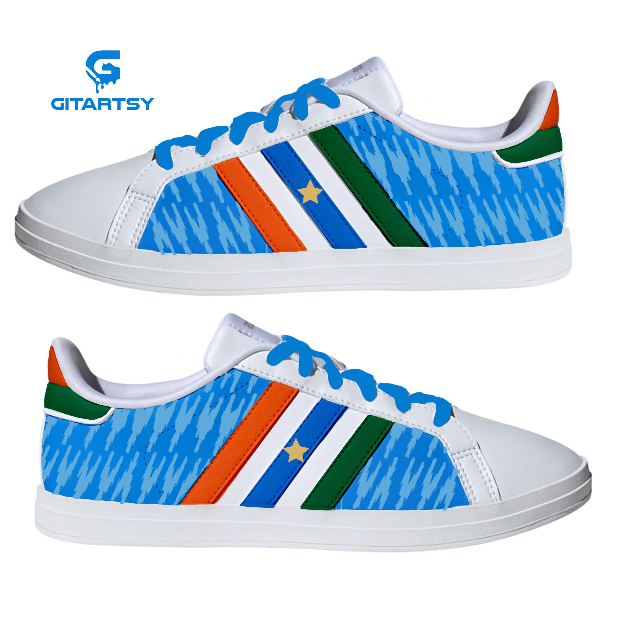 Custom Hand-Painted Adidas Sneakers – Inspired by Team India Cricket Jersey. Blue with jersey pattern painted along with indian flag colours 