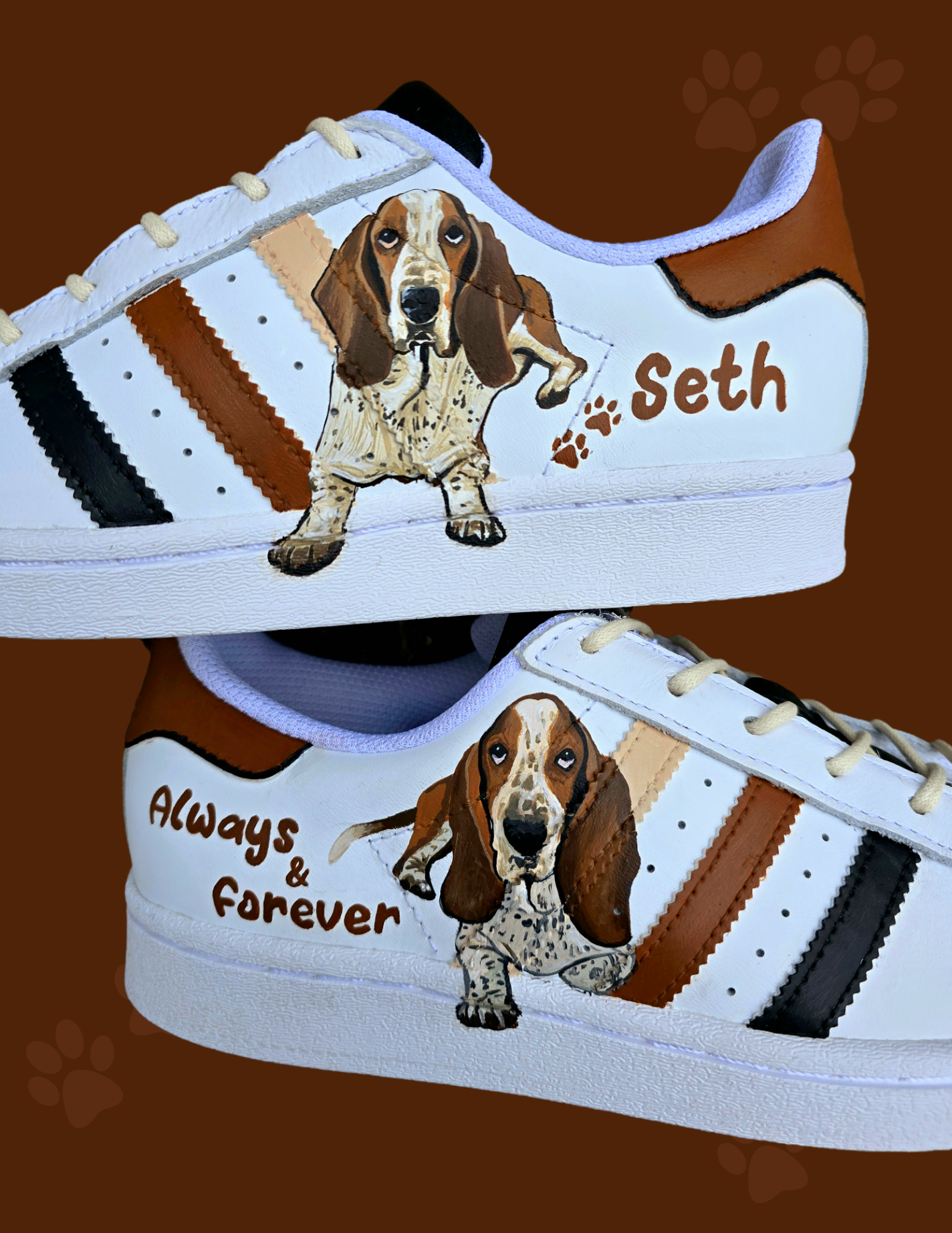 Hand painted Adidas sneakers white with realistic pet portraits of dogs painted with brown and black stripes. These can be customised with any pet art. 