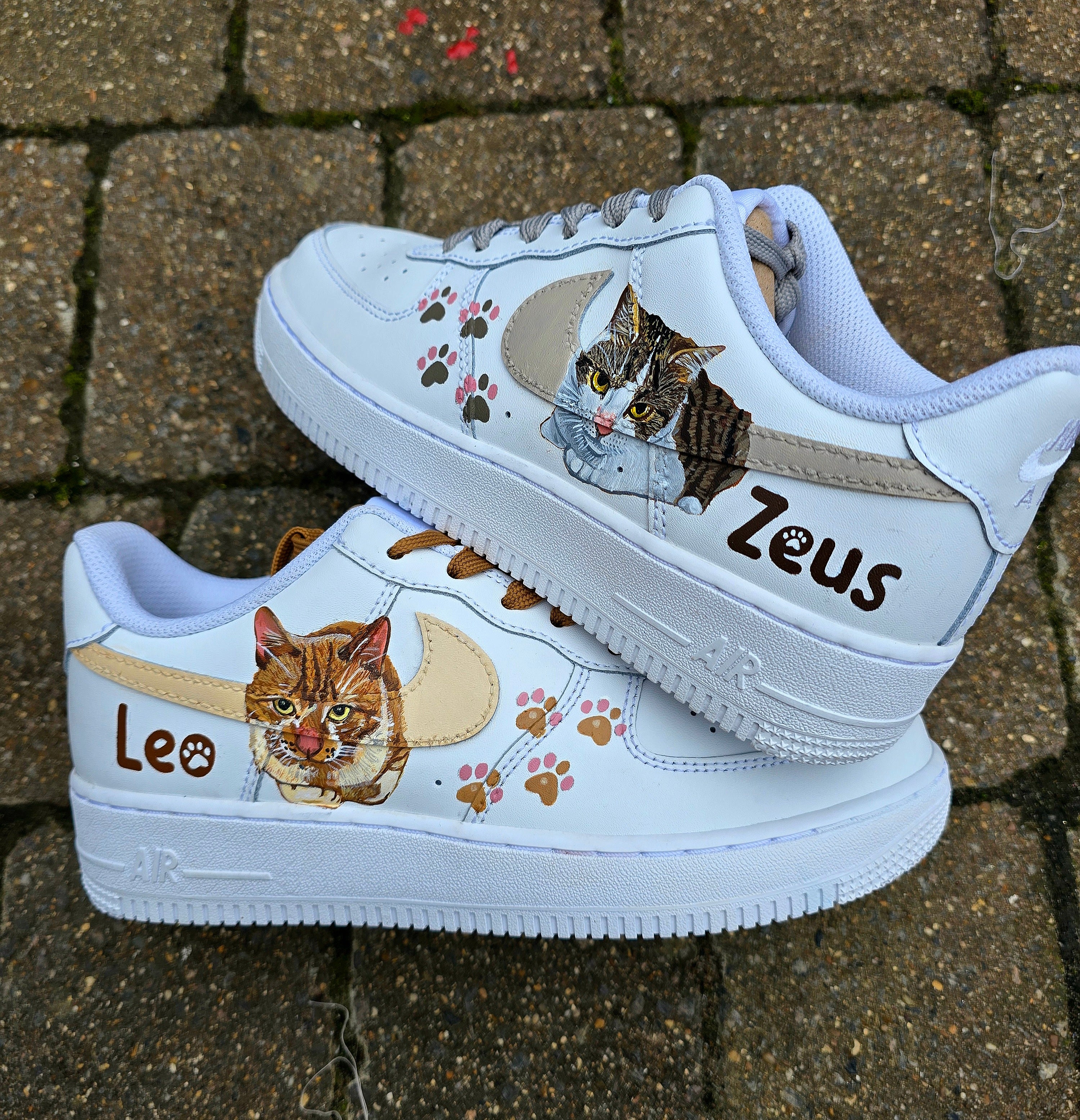 Hand painted Nike AF1 sneakers white with realistic pet portraits of cats and kittens painted. These can be customised with any pet art. Custom pet name also added with paws 