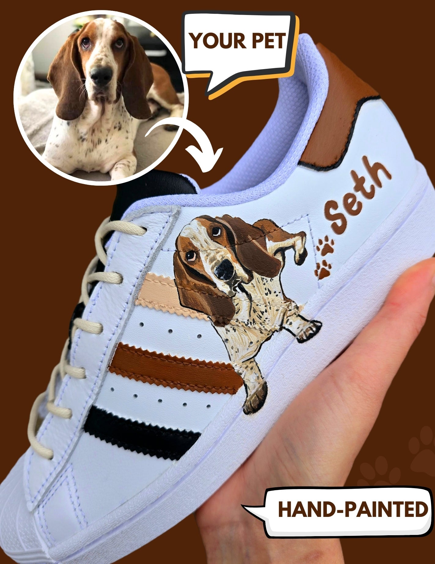 Hand painted Adidas sneakers white with realistic pet portraits of dogs painted with brown and black stripes. These can be customised with any pet art. 
