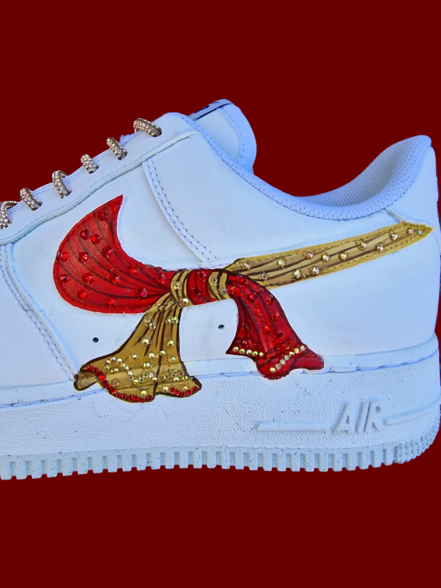 Custom Hand-Painted Bridal Nike AF1 Sneakers – Indian Wedding Knot Design with Crystals, Personalized Bridal Shoes red and gold 
