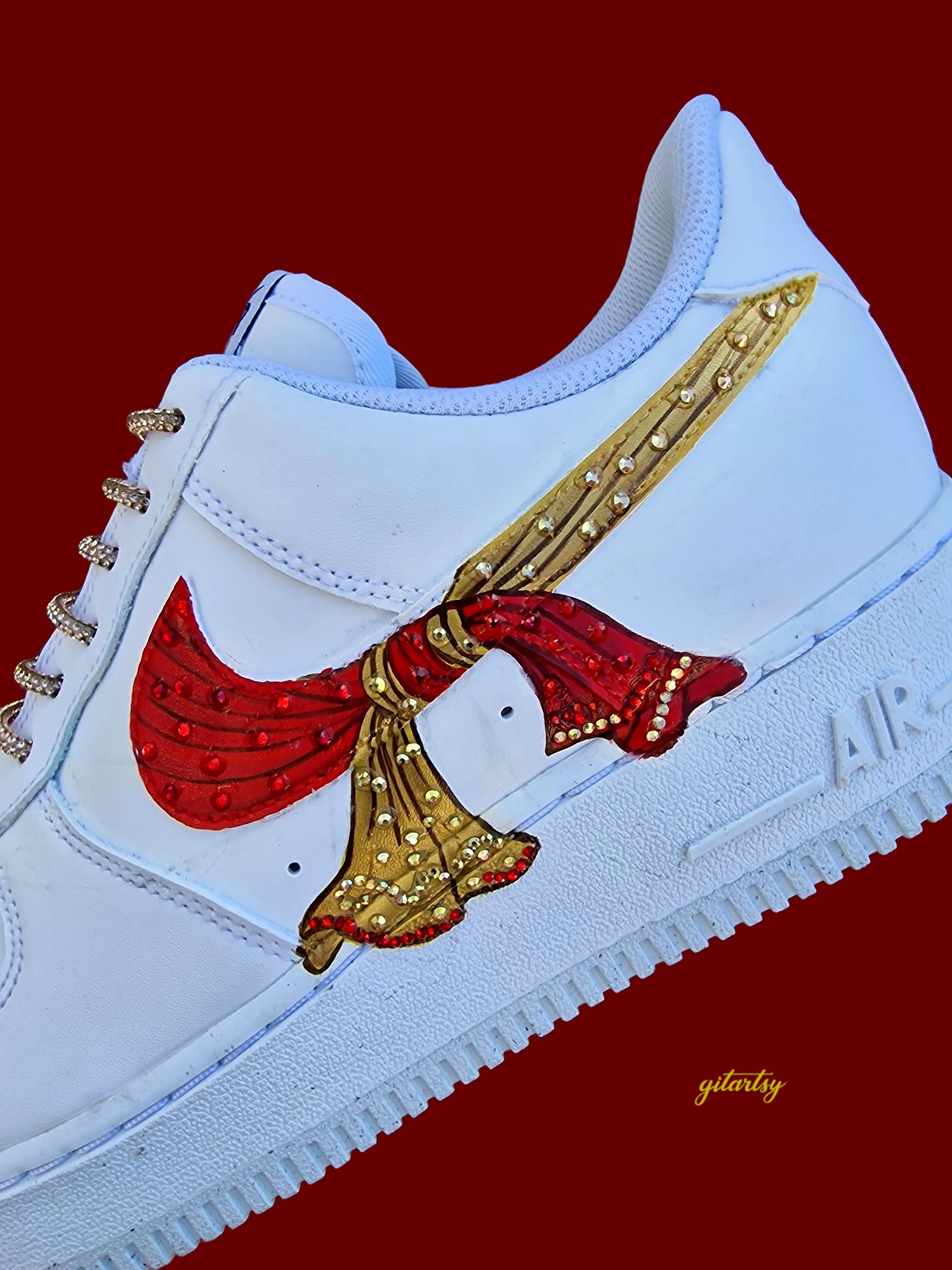 Custom Hand-Painted Bridal Nike AF1 Sneakers – Indian Wedding Knot Design with Crystals, Personalized Bridal Shoes red and gold 