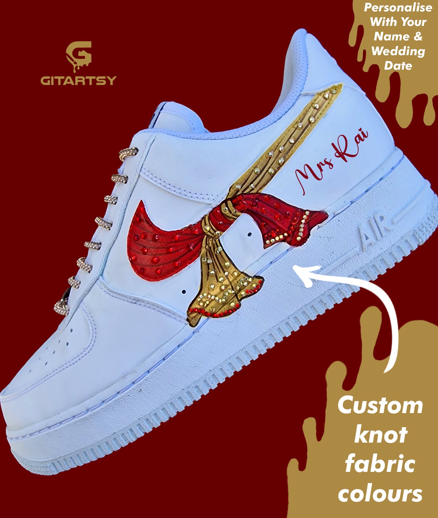 Custom Hand-Painted Bridal Nike AF1 Sneakers – Indian Wedding Knot Design with Crystals, Personalized Bridal Shoes red and gold 
