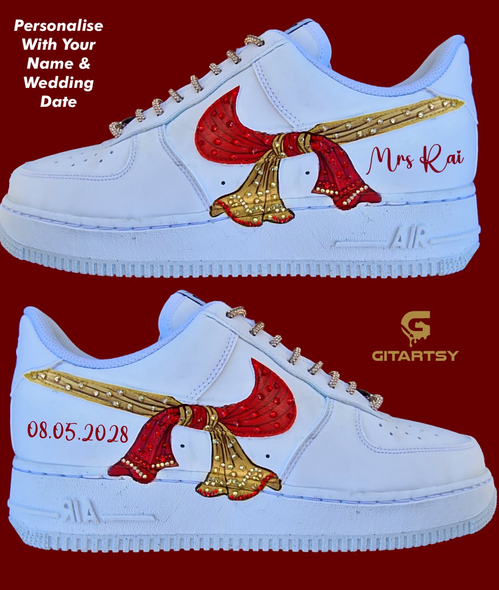Custom Hand-Painted Bridal Nike AF1 Sneakers – Indian Wedding Knot Design with Crystals, Personalized Bridal Shoes red and gold 